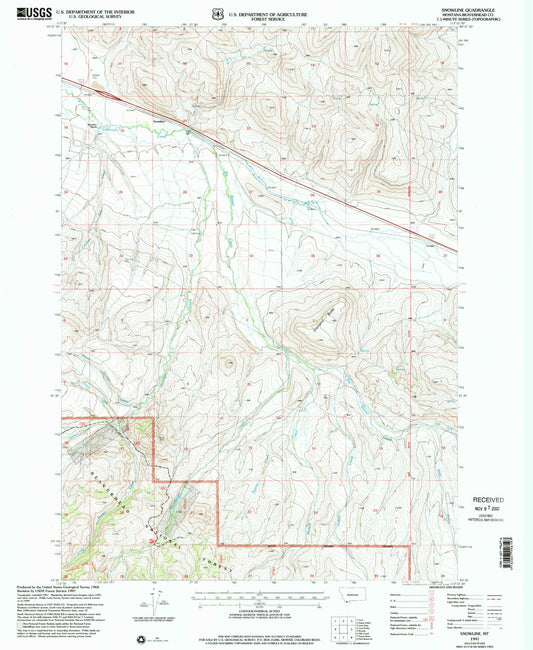 Classic USGS Snowline Montana 7.5'x7.5' Topo Map Image
