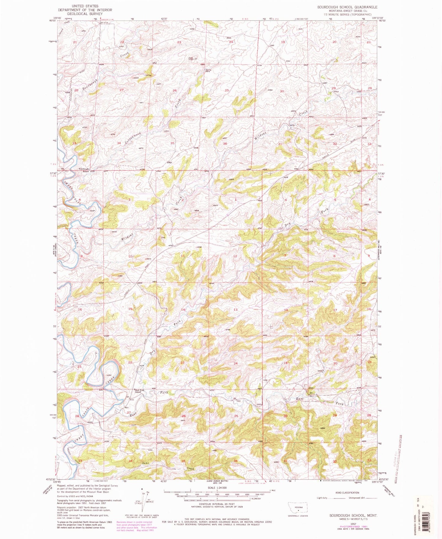 Classic USGS Sourdough School Montana 7.5'x7.5' Topo Map Image