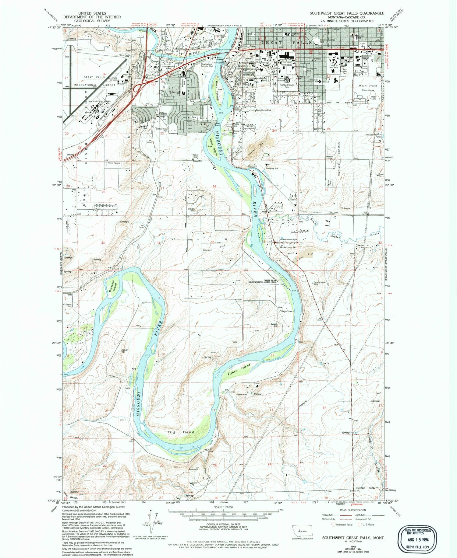 Classic USGS Southwest Great Falls Montana 7.5'x7.5' Topo Map Image