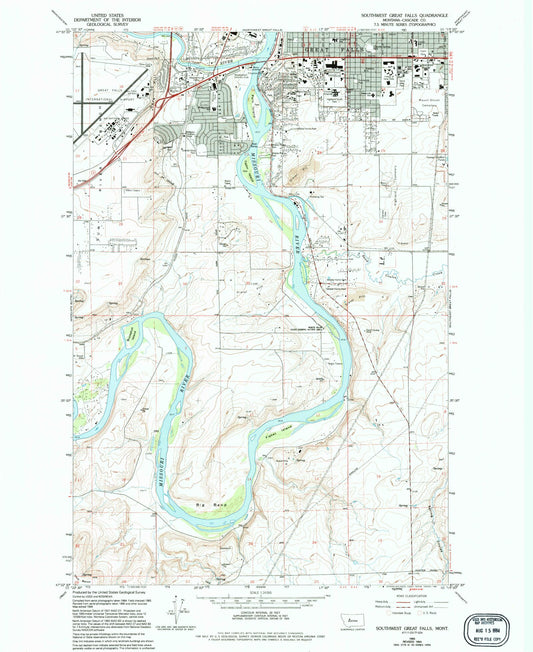 Classic USGS Southwest Great Falls Montana 7.5'x7.5' Topo Map Image