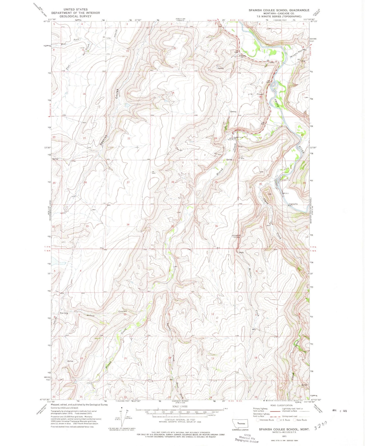 Classic USGS Spanish Coulee School Montana 7.5'x7.5' Topo Map Image