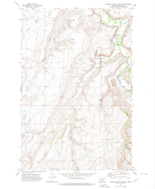 Classic USGS Spanish Coulee School Montana 7.5'x7.5' Topo Map Image