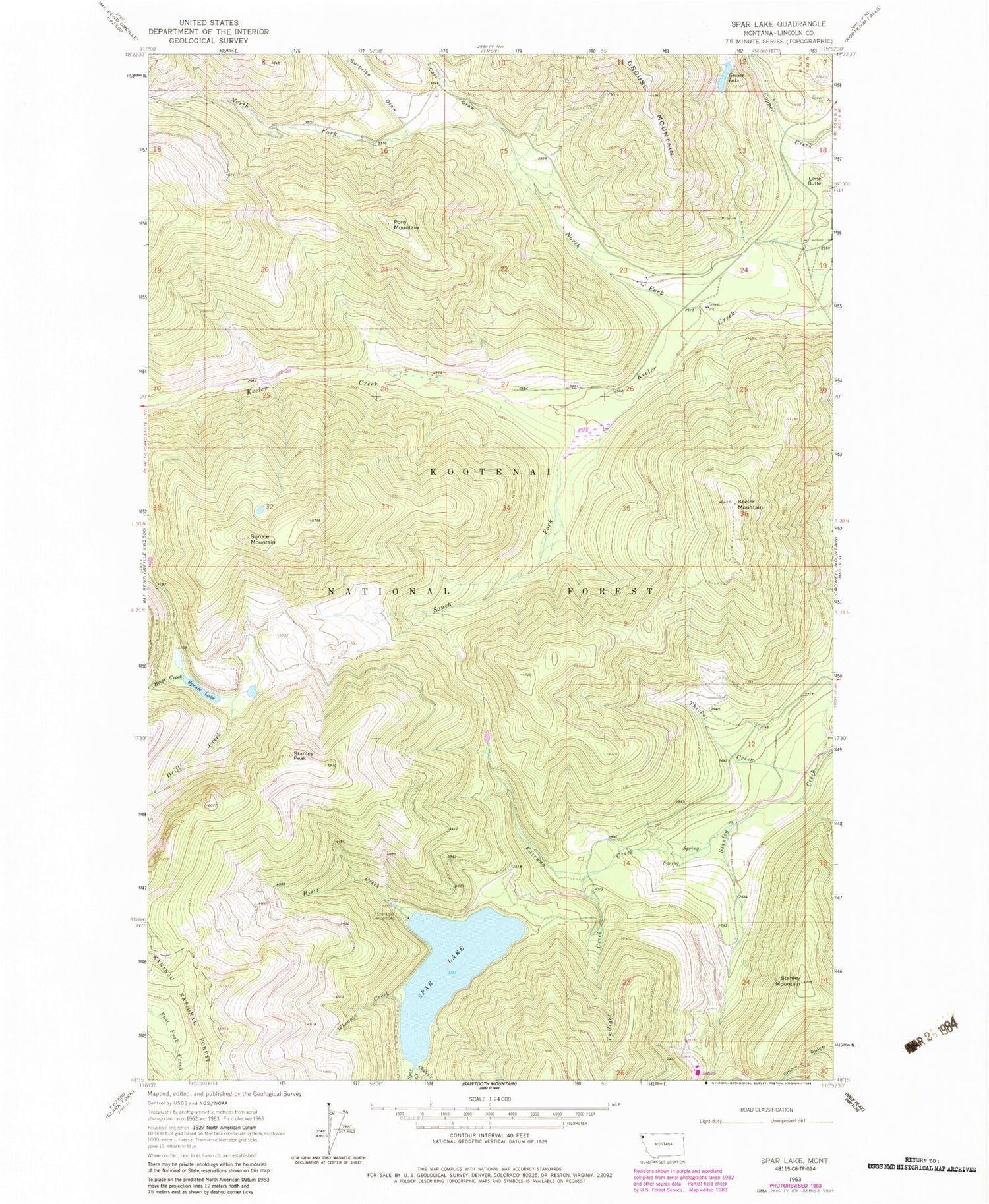 Classic USGS Spar Lake Montana 7.5'x7.5' Topo Map Image