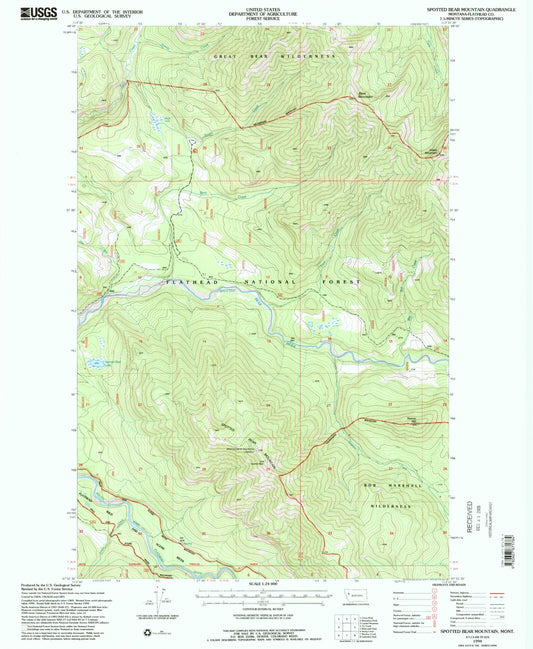 Classic USGS Spotted Bear Mountain Montana 7.5'x7.5' Topo Map Image