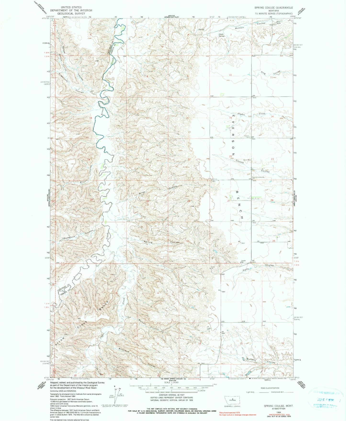 Classic USGS Spring Coulee Montana 7.5'x7.5' Topo Map Image