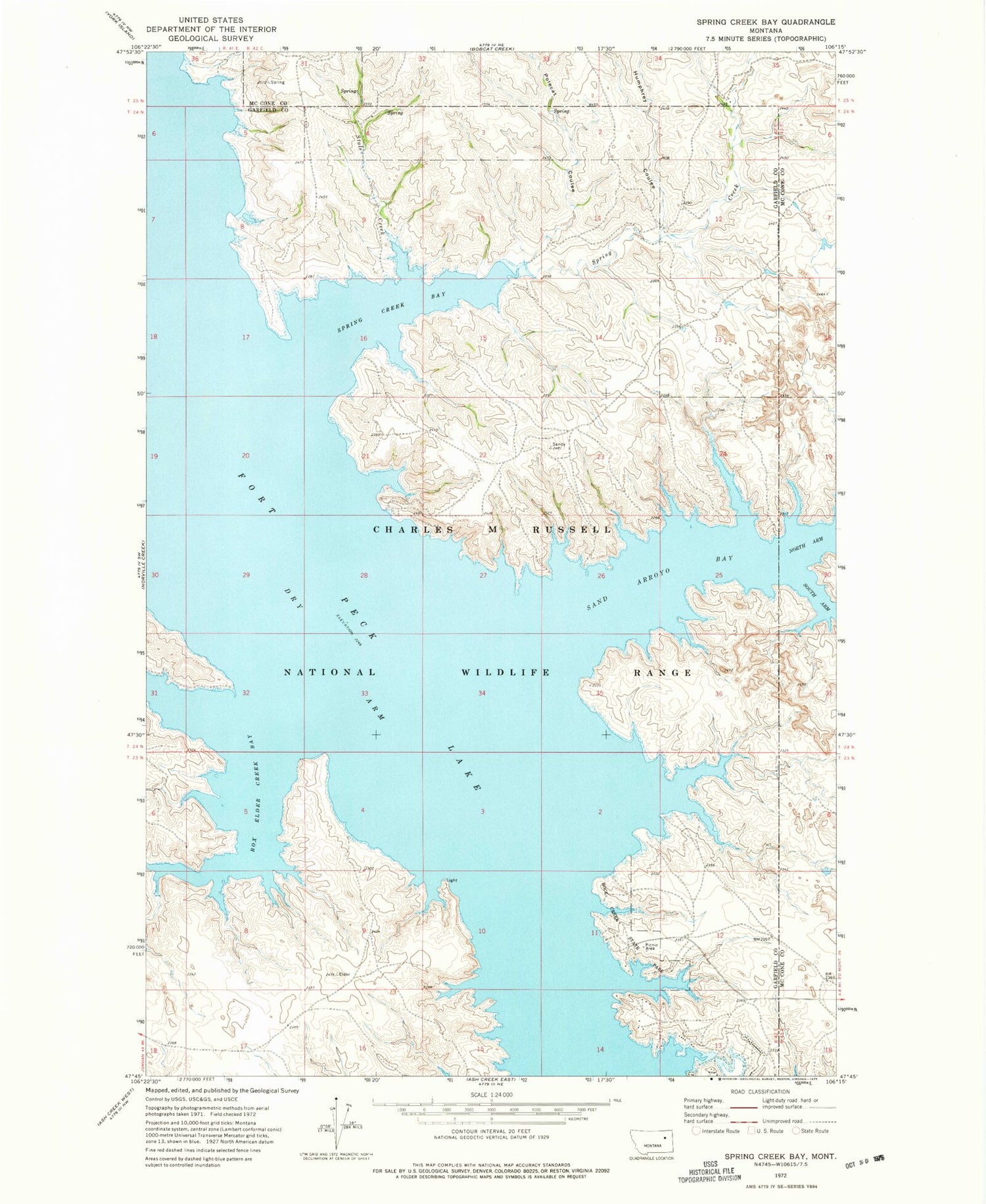 Classic USGS Spring Creek Bay Montana 7.5'x7.5' Topo Map Image