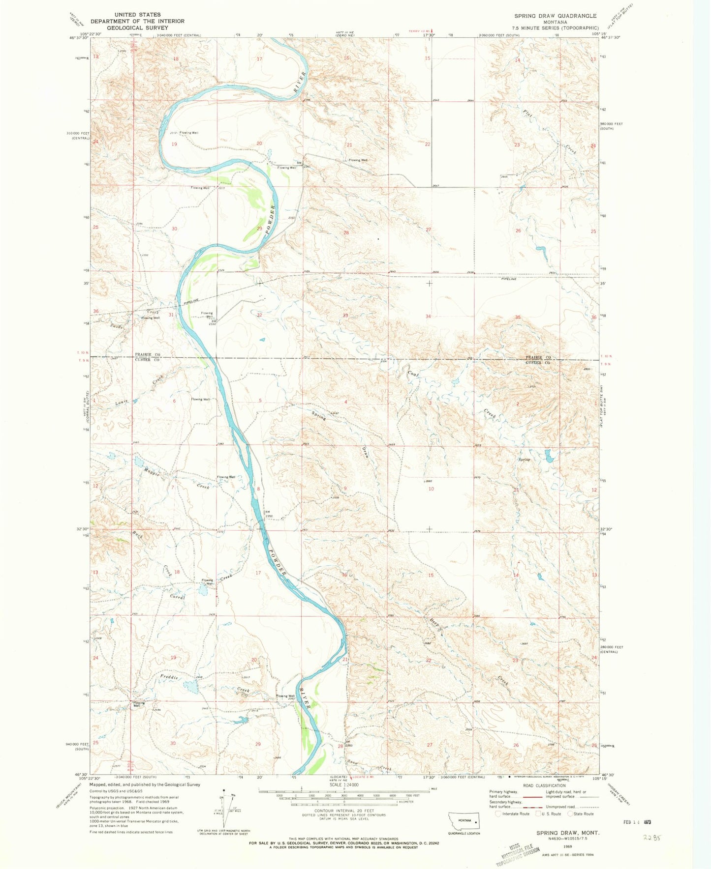 Classic USGS Spring Draw Montana 7.5'x7.5' Topo Map Image