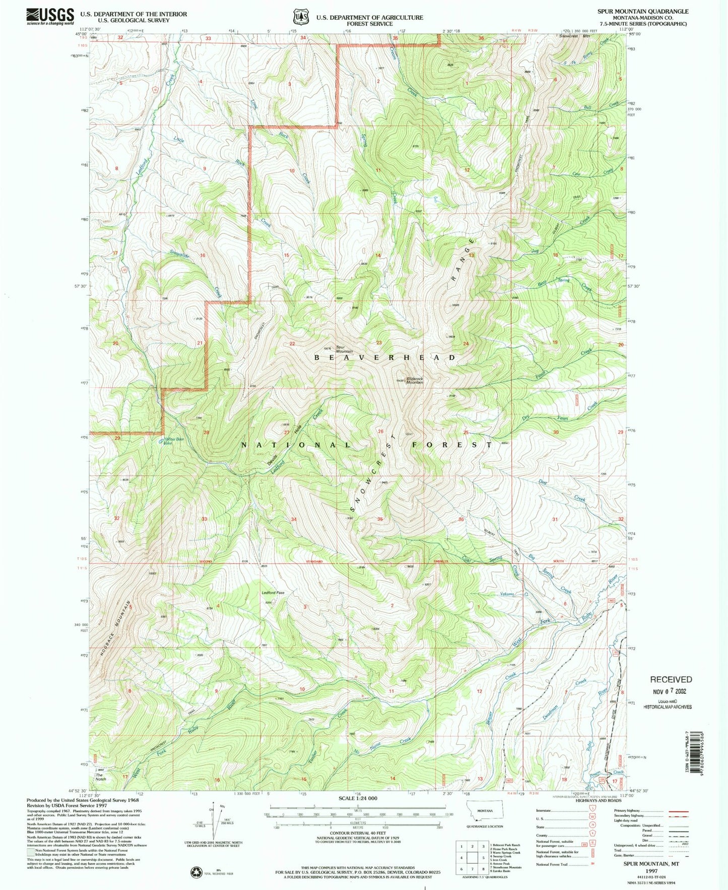 Classic USGS Spur Mountain Montana 7.5'x7.5' Topo Map Image