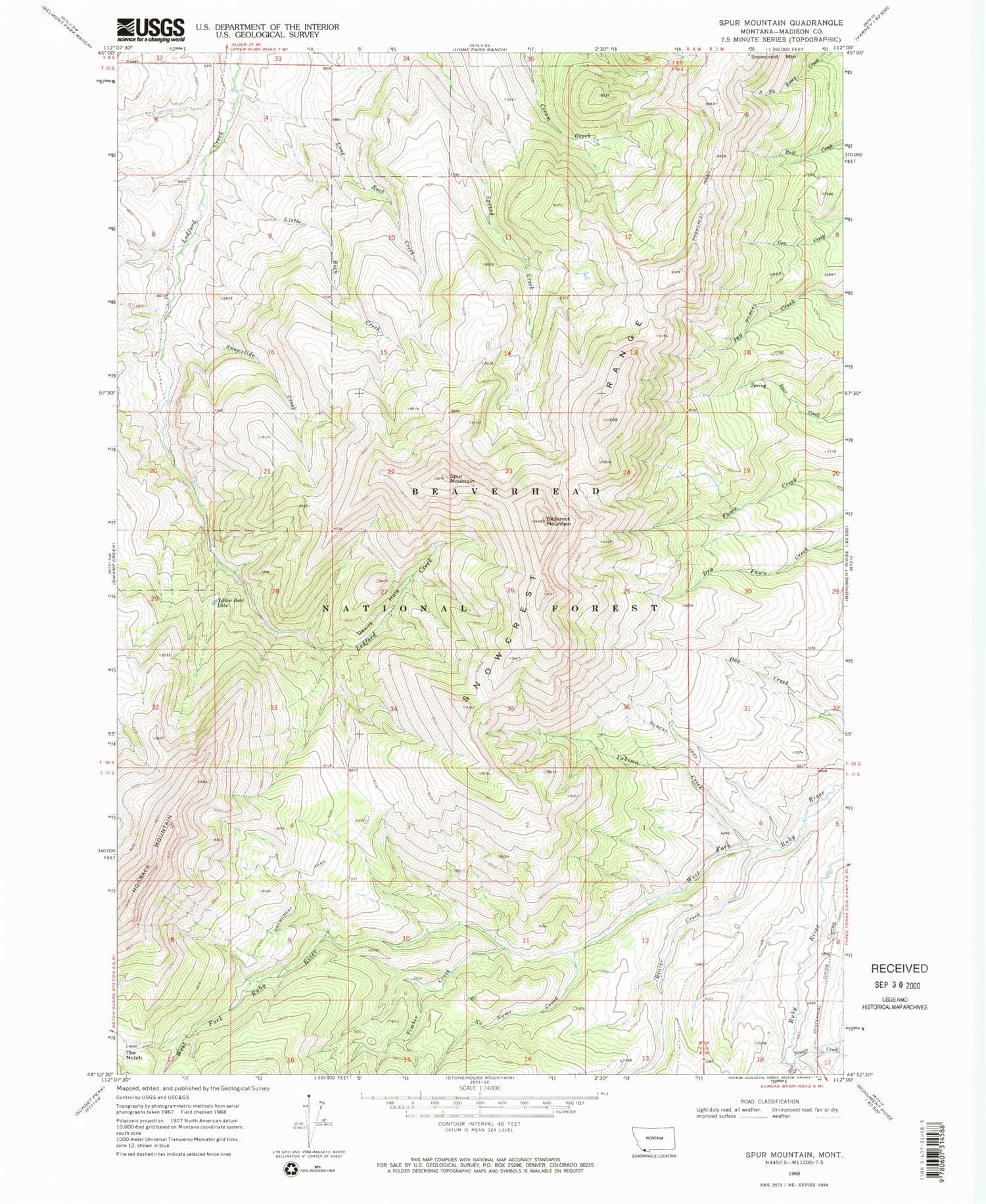 Classic USGS Spur Mountain Montana 7.5'x7.5' Topo Map Image