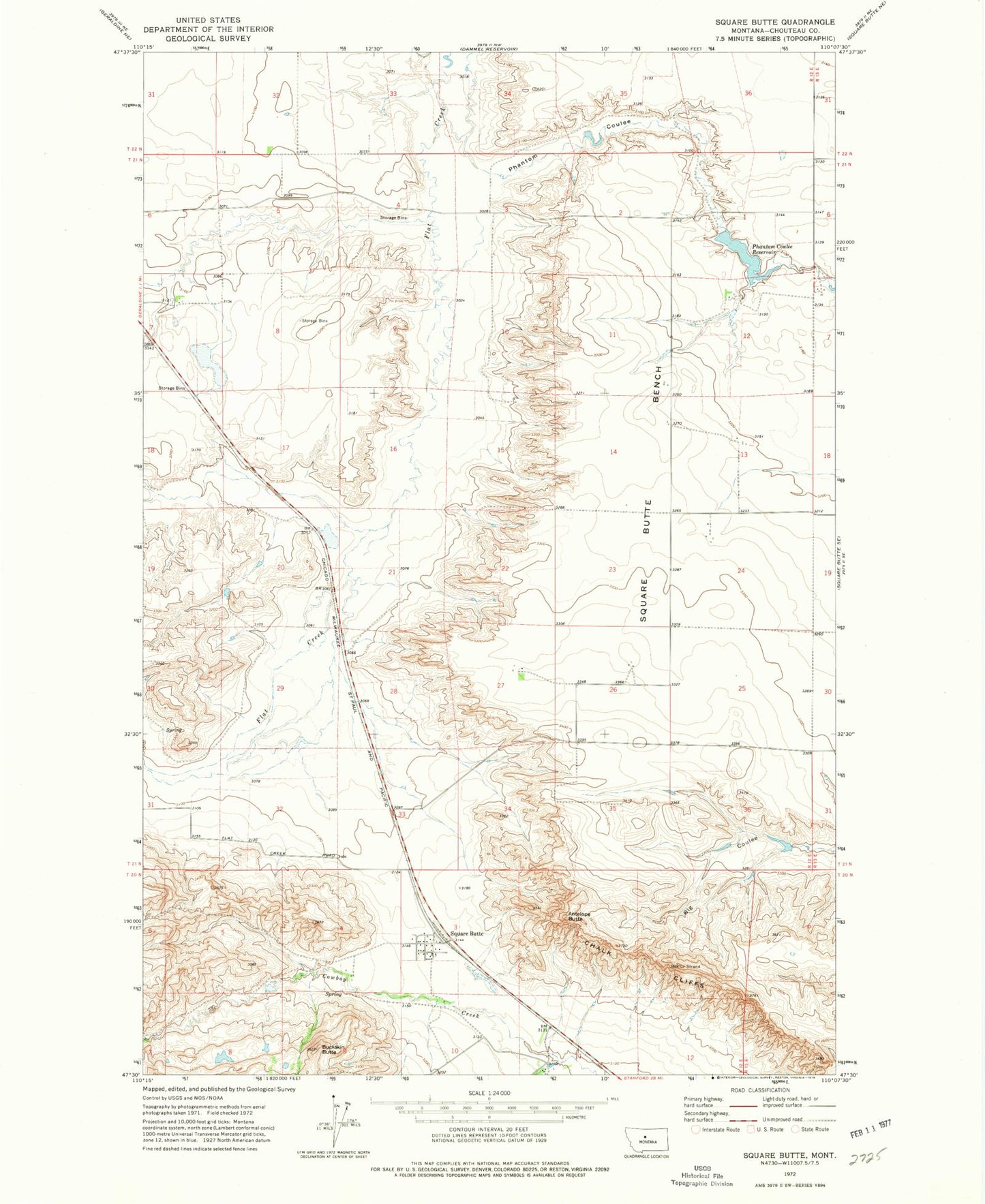 Classic USGS Square Butte Montana 7.5'x7.5' Topo Map Image