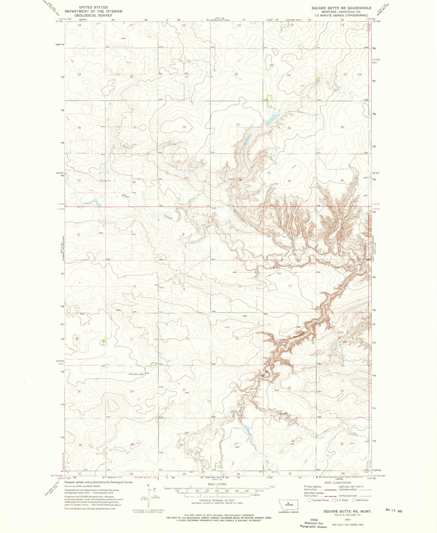 Classic USGS Square Butte NE Montana 7.5'x7.5' Topo Map Image