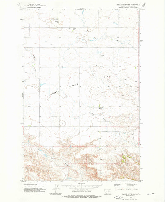 Classic USGS Square Butte SE Montana 7.5'x7.5' Topo Map Image