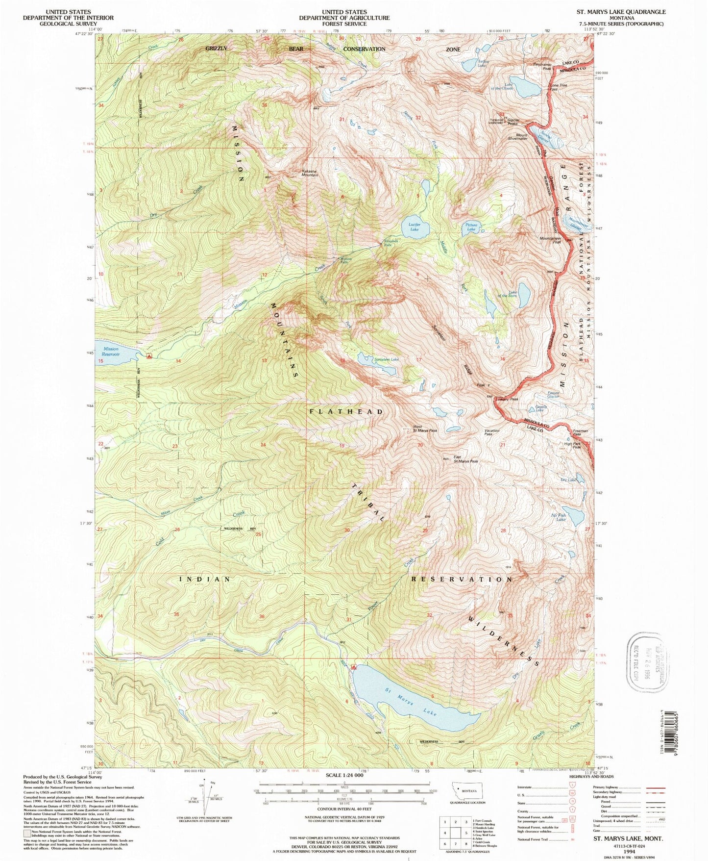 Classic USGS Saint Marys Lake Montana 7.5'x7.5' Topo Map Image