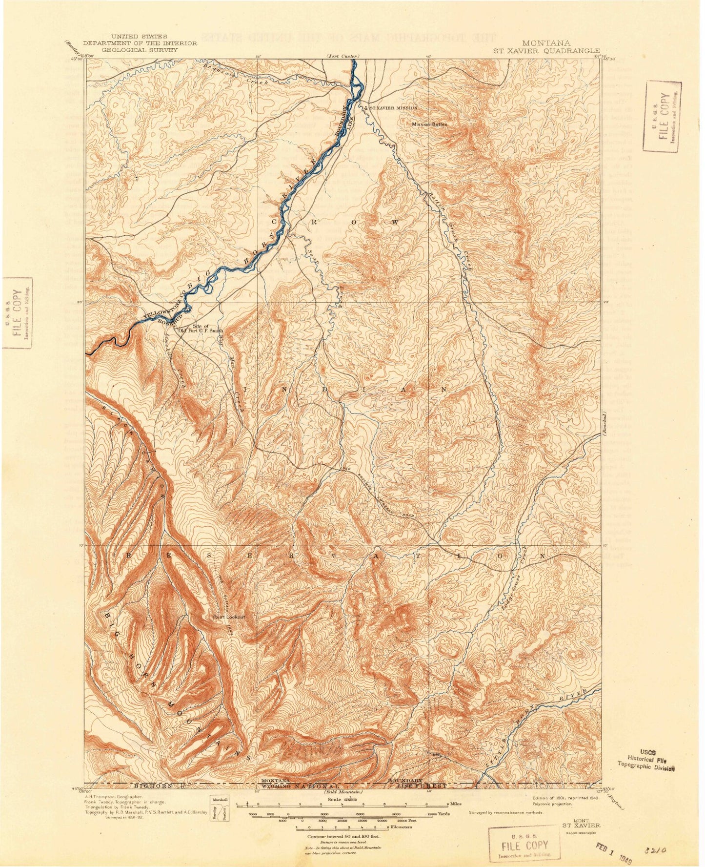 Historic 1901 Saint Xavier Montana 30'x30' Topo Map Image