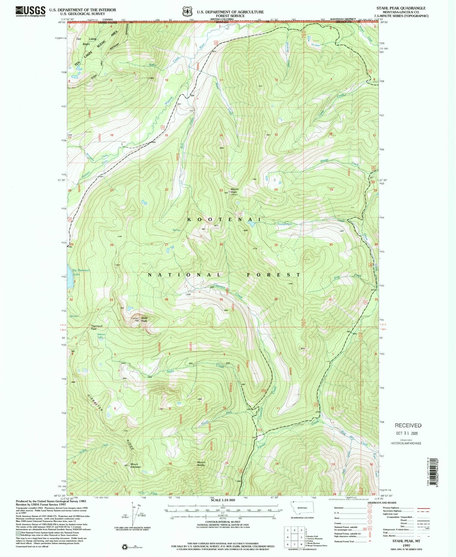 Classic USGS Stahl Peak Montana 7.5'x7.5' Topo Map Image