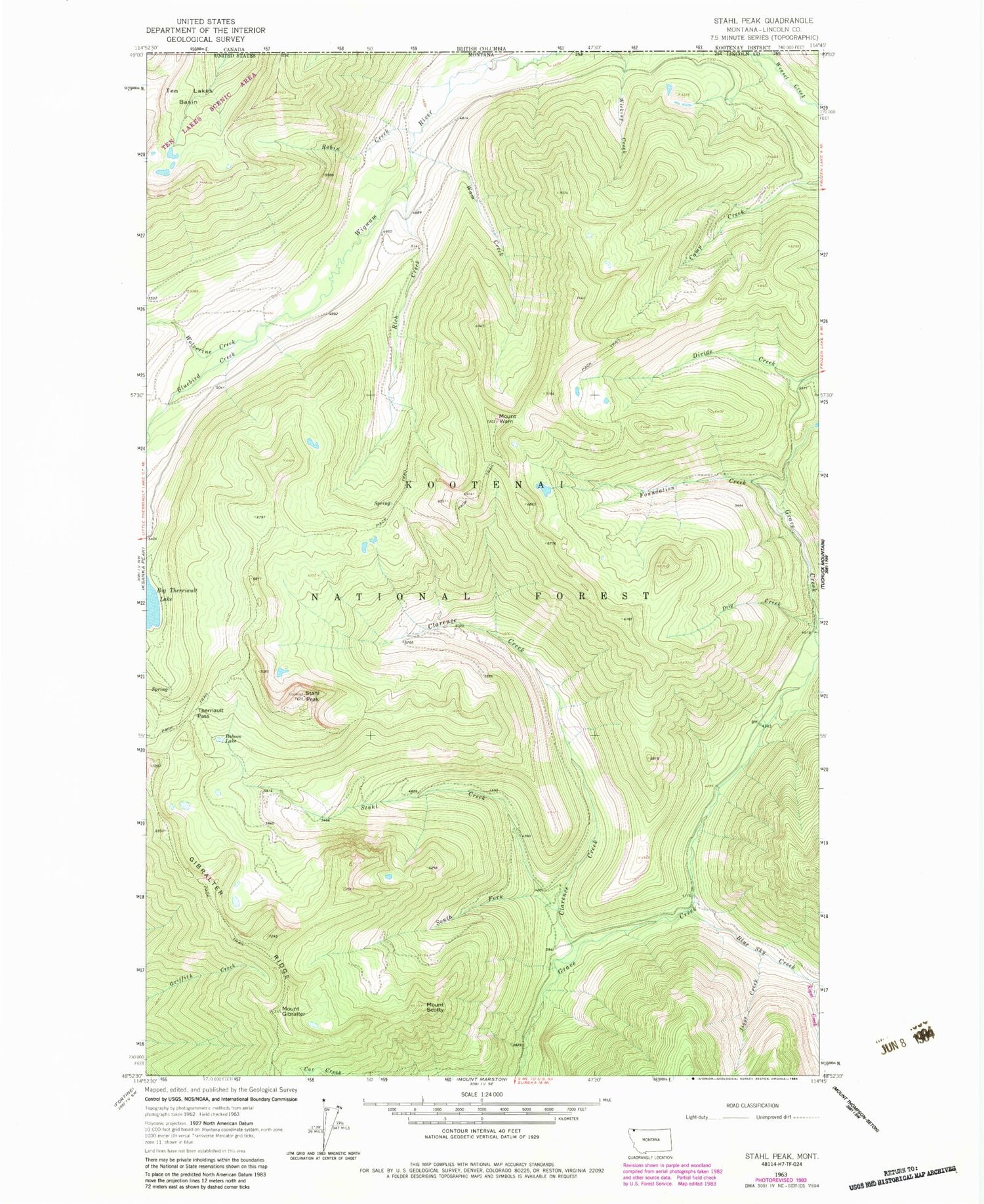 Classic USGS Stahl Peak Montana 7.5'x7.5' Topo Map Image