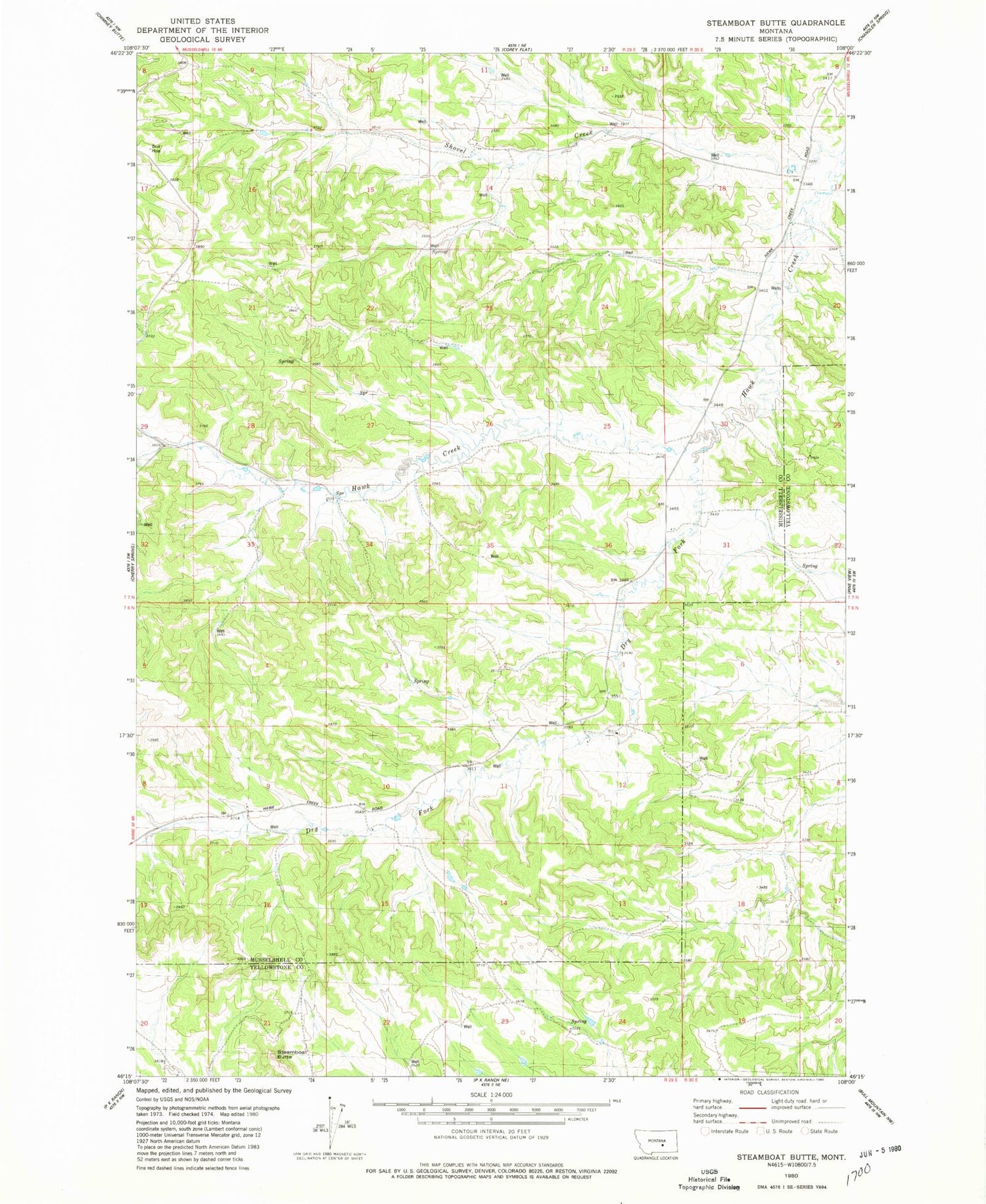 Classic USGS Steamboat Butte Montana 7.5'x7.5' Topo Map Image