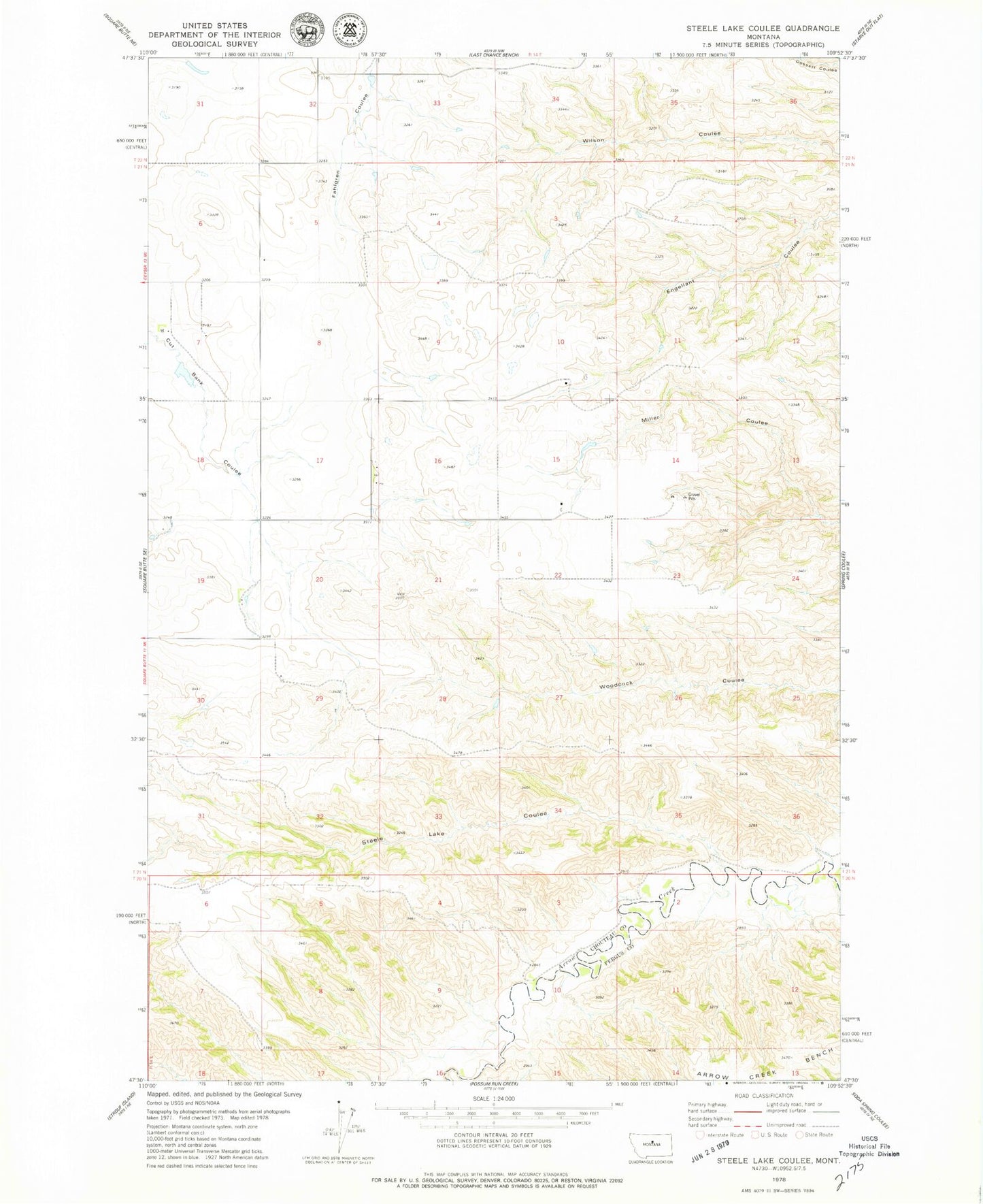 Classic USGS Steele Lake Coulee Montana 7.5'x7.5' Topo Map Image