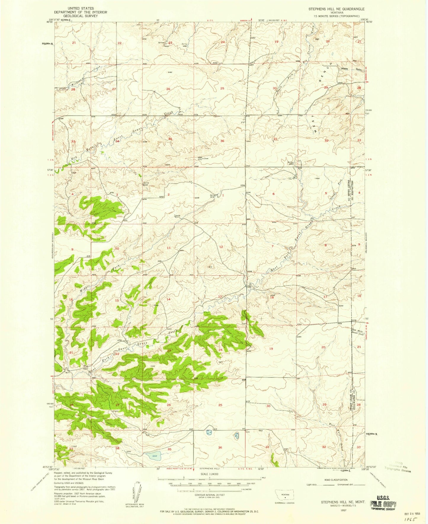 Classic USGS Stephens Hill NE Montana 7.5'x7.5' Topo Map Image