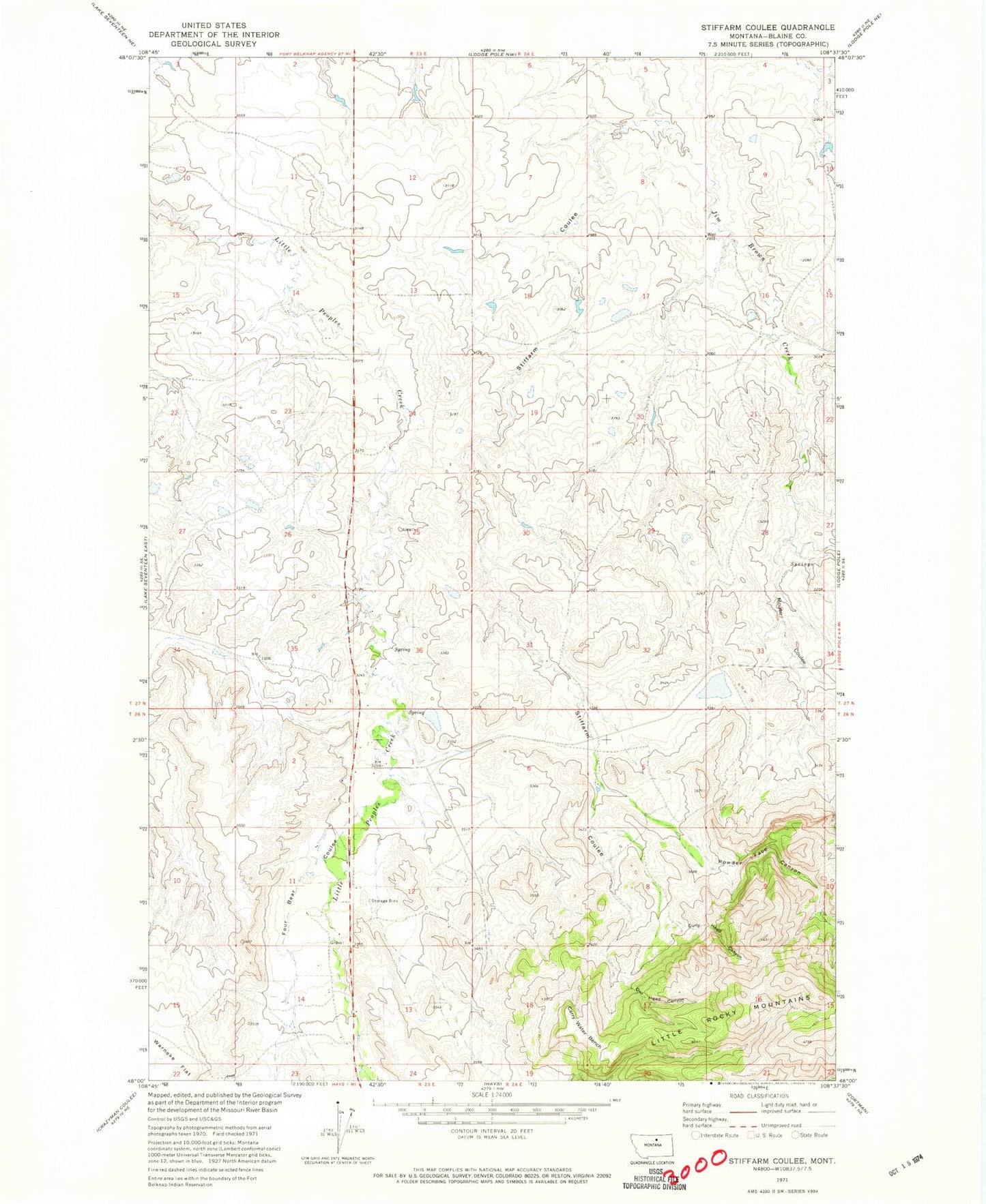 Classic USGS Stiffarm Coulee Montana 7.5'x7.5' Topo Map Image