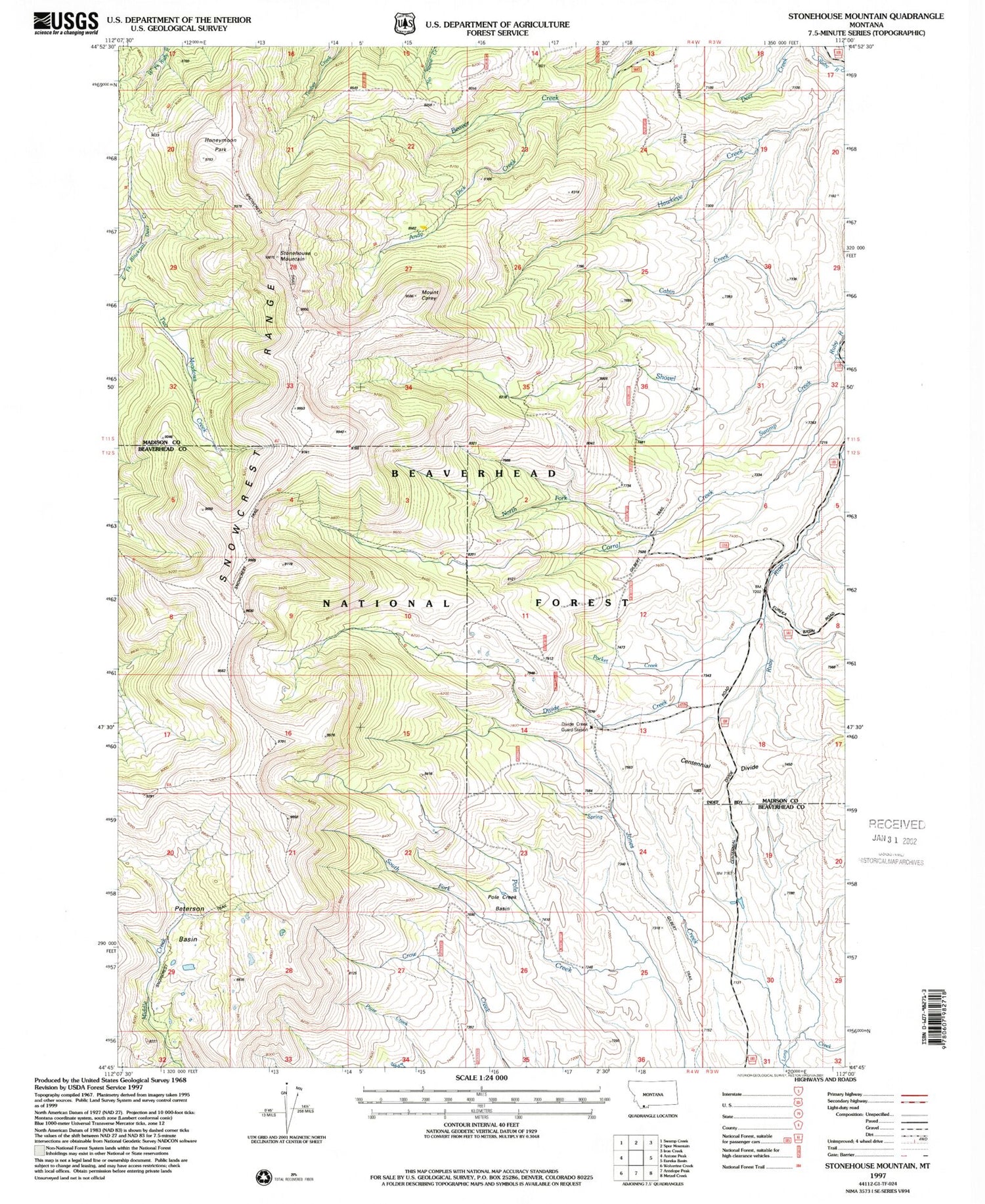 Classic USGS Stonehouse Mountain Montana 7.5'x7.5' Topo Map Image
