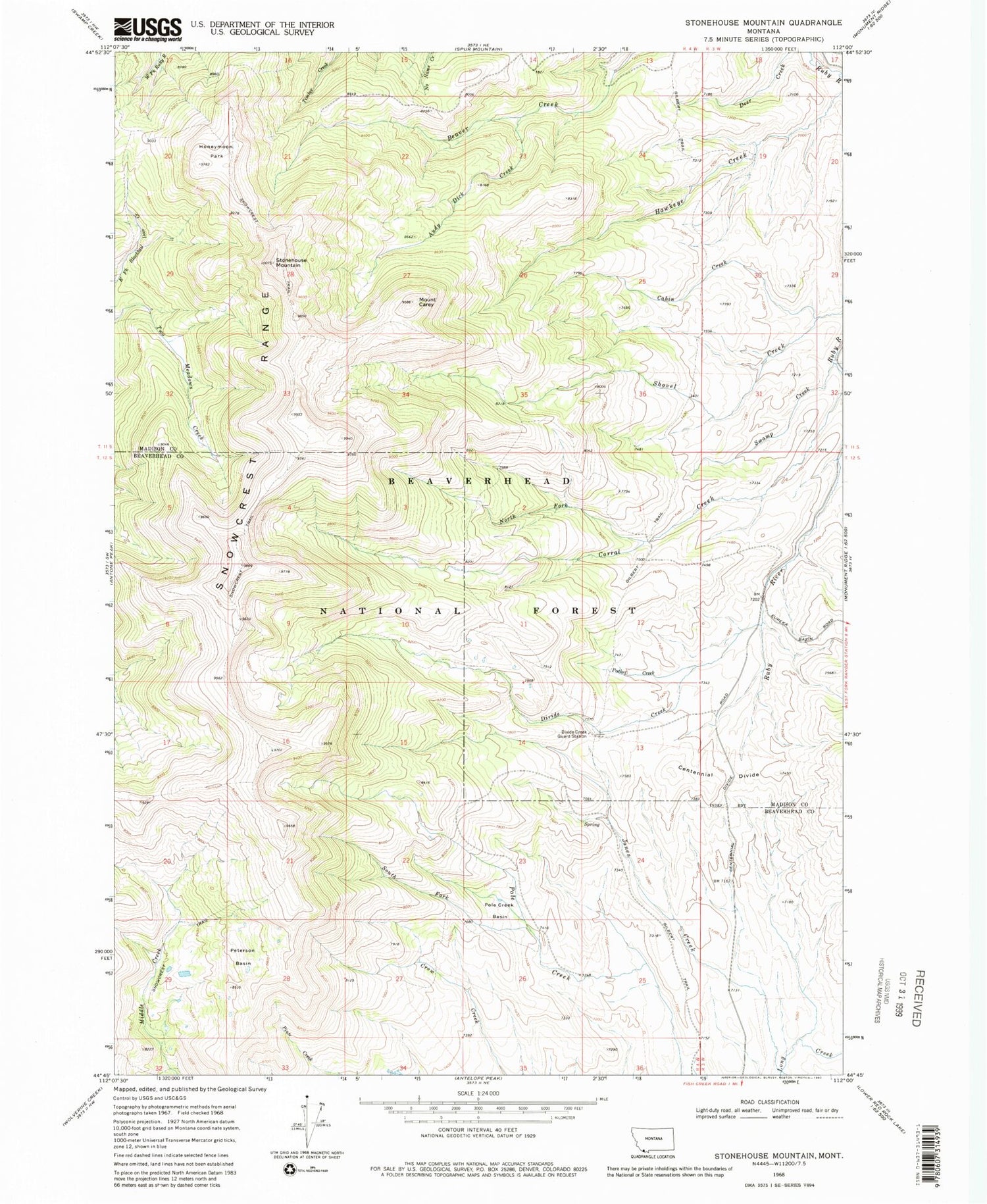 Classic USGS Stonehouse Mountain Montana 7.5'x7.5' Topo Map Image