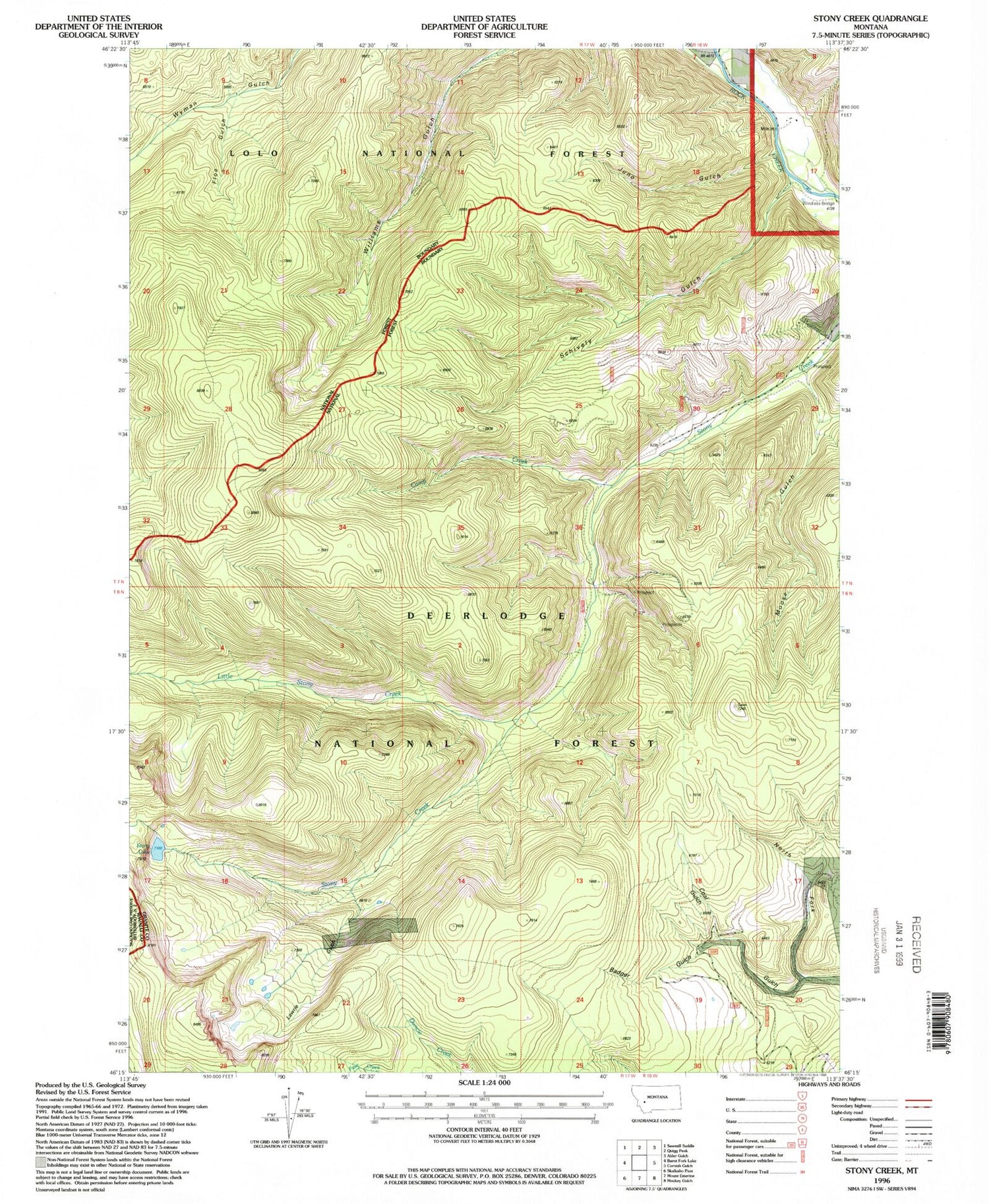 Classic USGS Stony Creek Montana 7.5'x7.5' Topo Map Image
