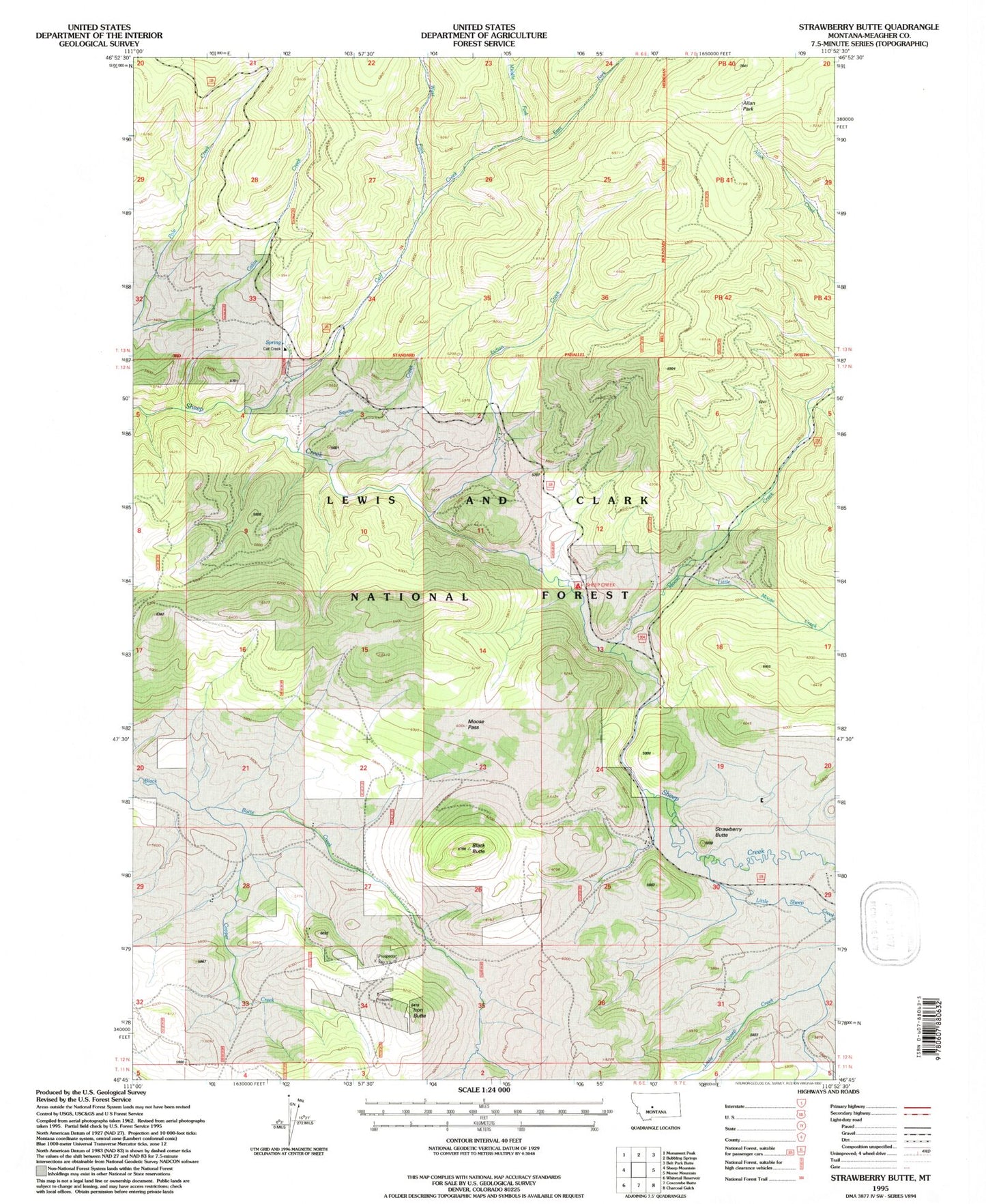Classic USGS Strawberry Butte Montana 7.5'x7.5' Topo Map Image