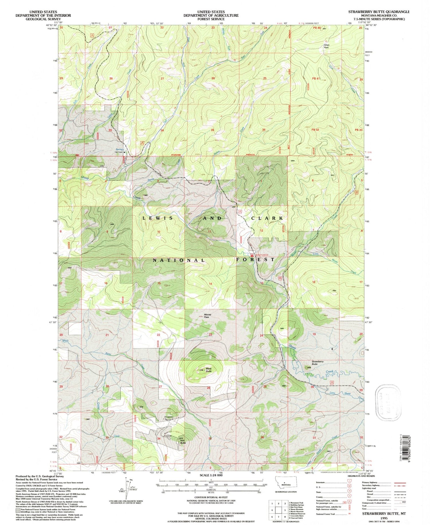 Classic USGS Strawberry Butte Montana 7.5'x7.5' Topo Map Image