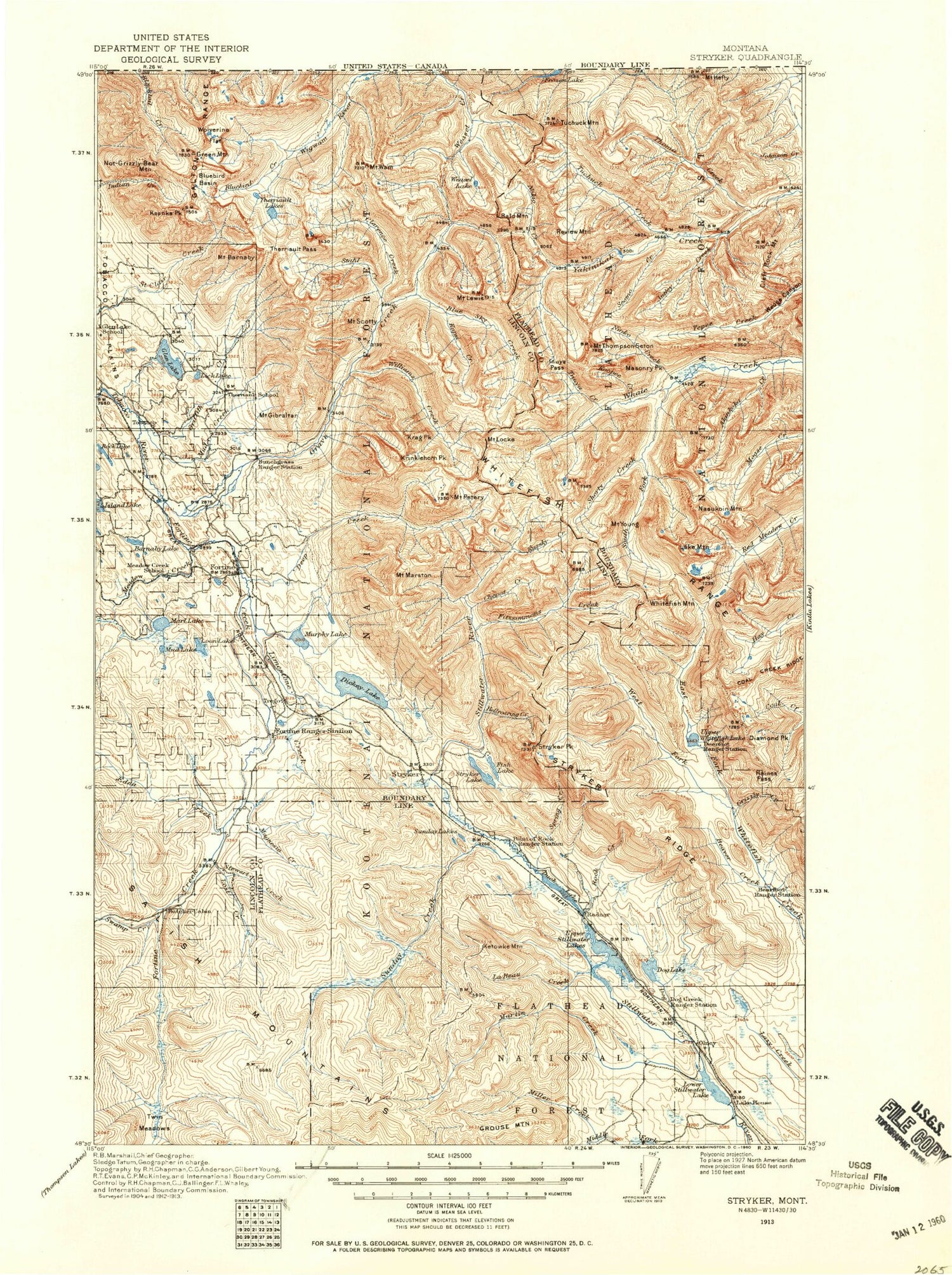 Historic 1913 Stryker Montana 30'x30' Topo Map Image