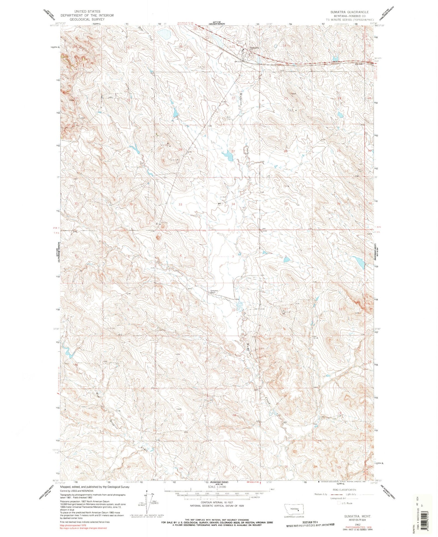 Classic USGS Sumatra Montana 7.5'x7.5' Topo Map Image