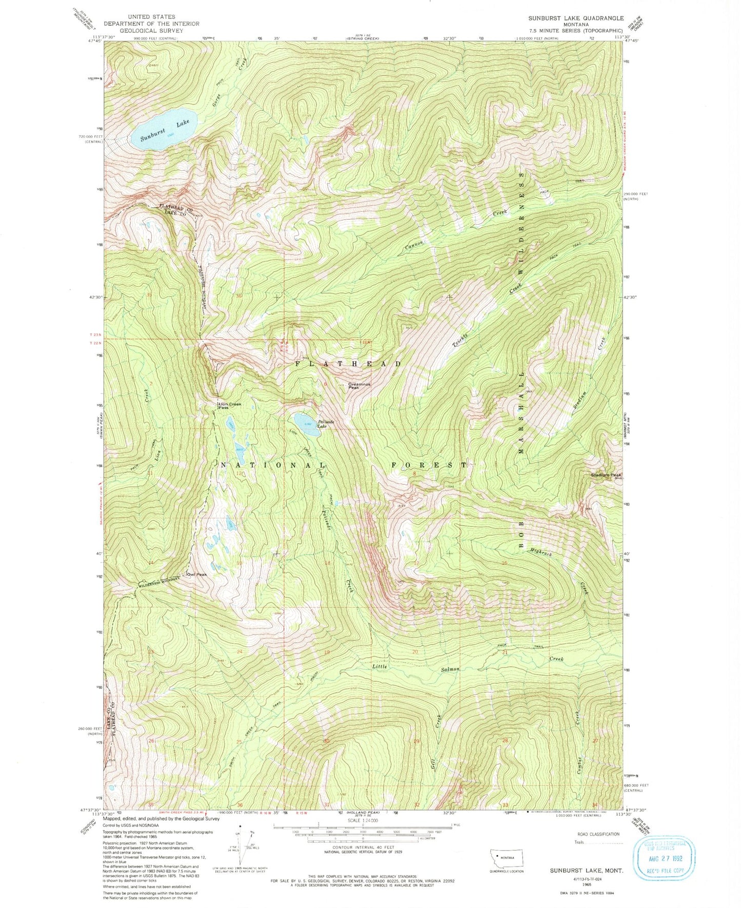 Classic USGS Sunburst Lake Montana 7.5'x7.5' Topo Map Image