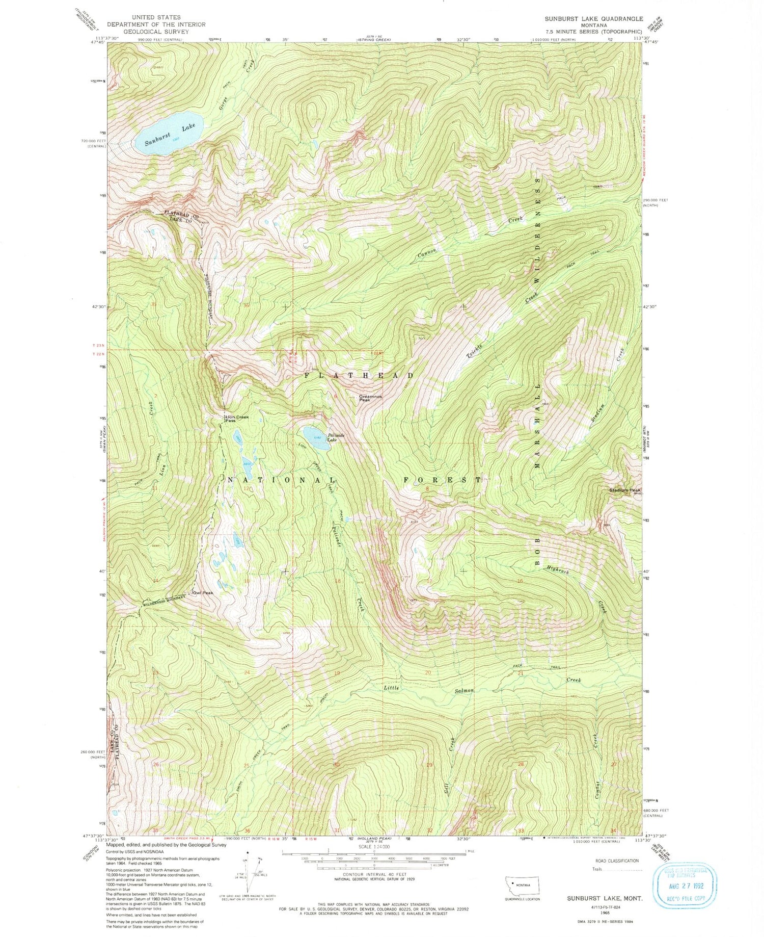 Classic USGS Sunburst Lake Montana 7.5'x7.5' Topo Map Image