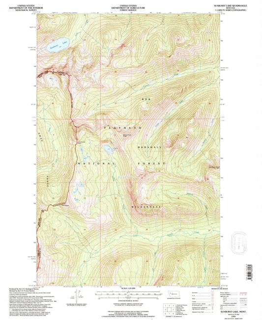 Classic USGS Sunburst Lake Montana 7.5'x7.5' Topo Map Image