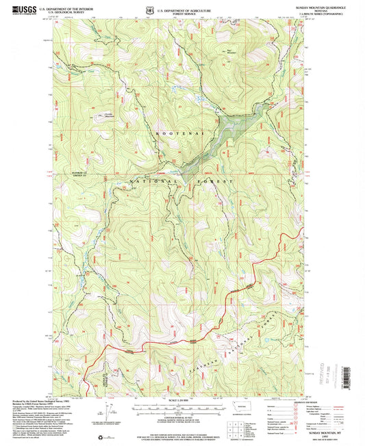 Classic USGS Sunday Mountain Montana 7.5'x7.5' Topo Map Image