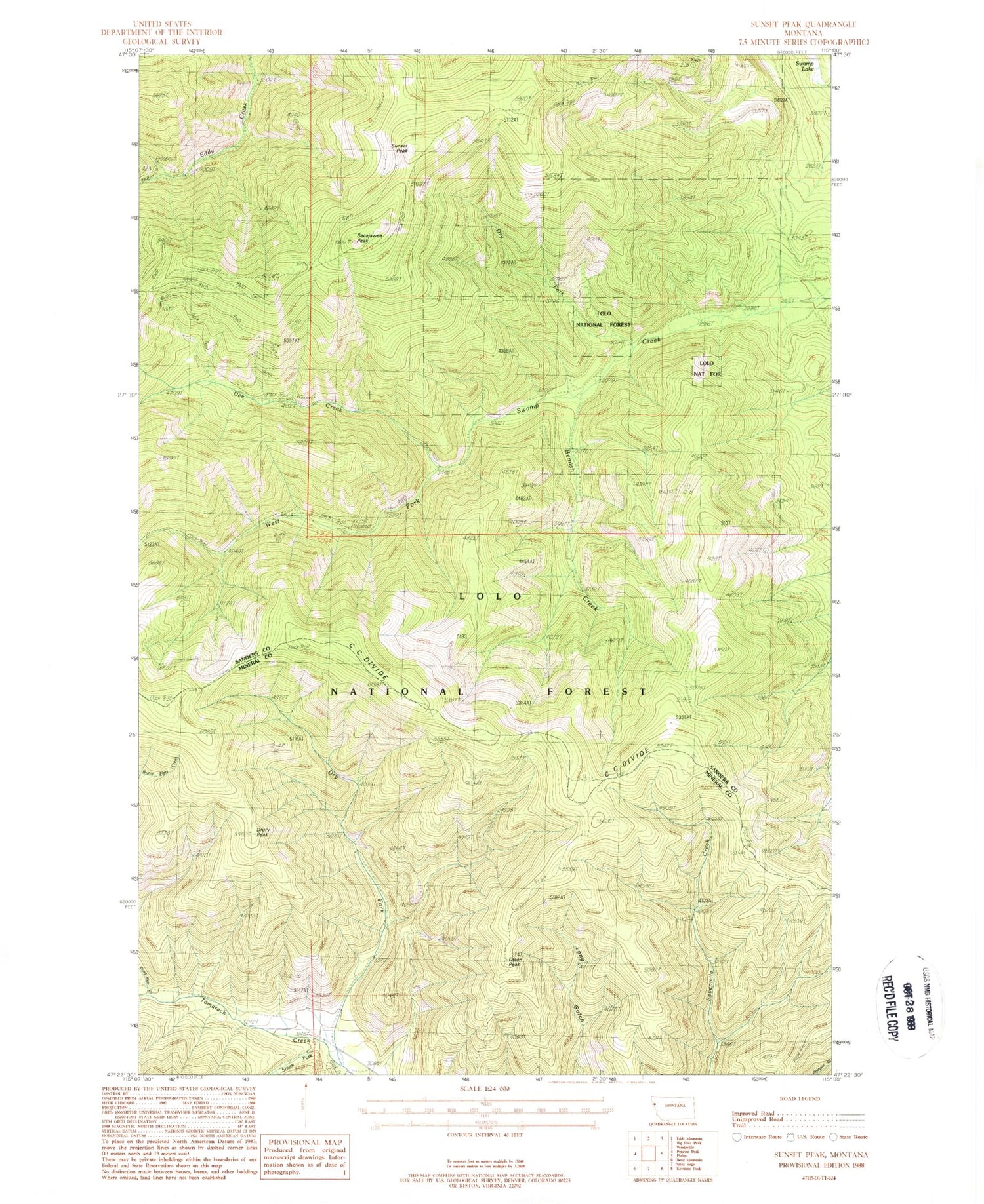 Classic USGS Sunset Peak Montana 7.5'x7.5' Topo Map Image
