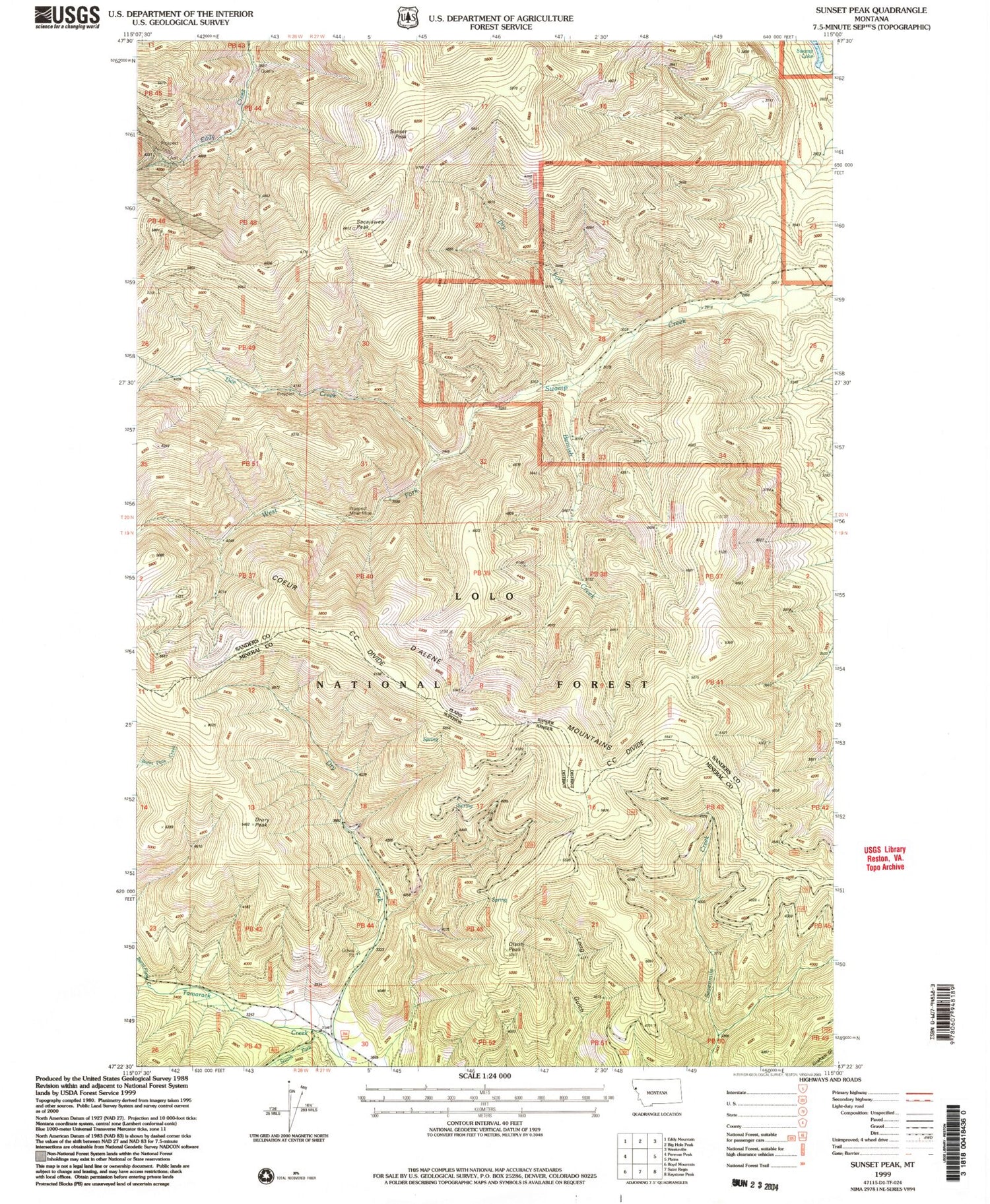 Classic USGS Sunset Peak Montana 7.5'x7.5' Topo Map Image