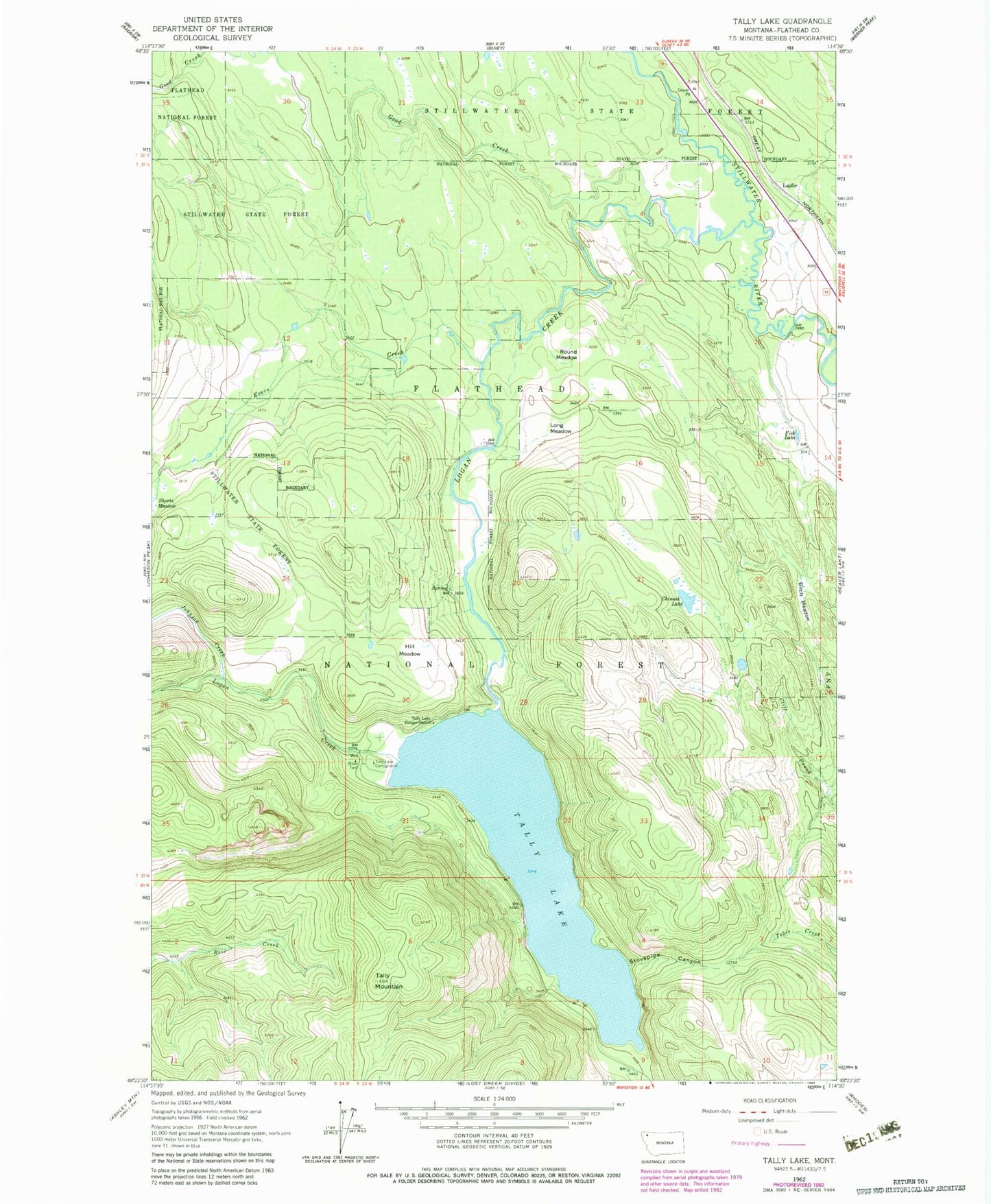 Classic USGS Tally Lake Montana 7.5'x7.5' Topo Map Image