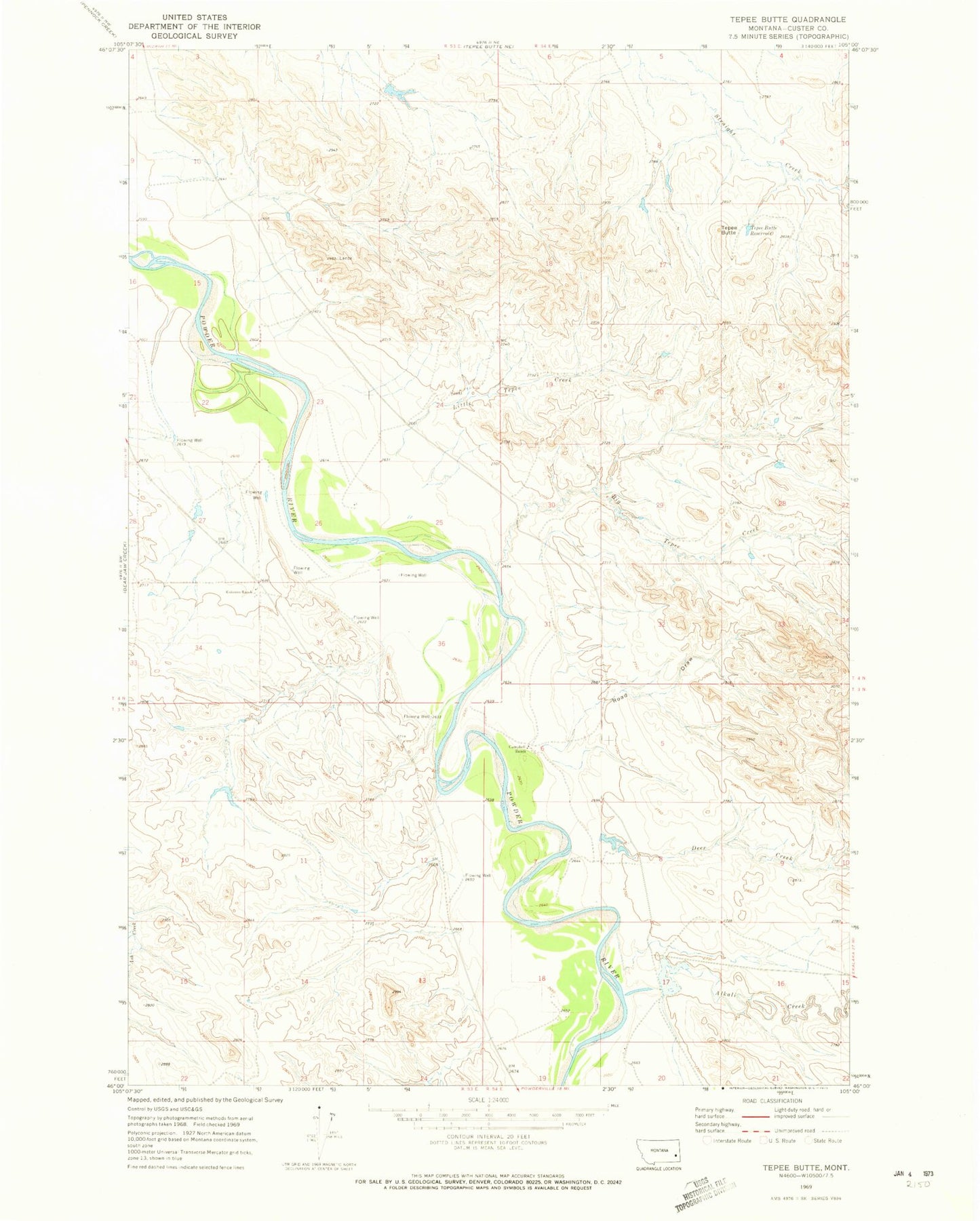 Classic USGS Tepee Butte Montana 7.5'x7.5' Topo Map Image
