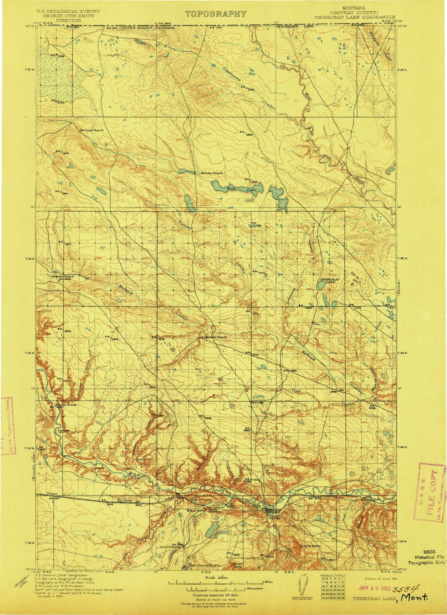 Historic 1912 Thibadeau Lake Montana 30'x30' Topo Map Image