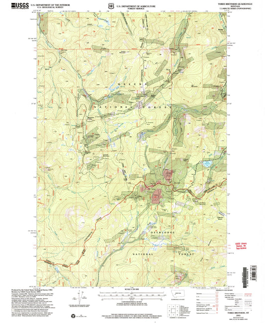 Classic USGS Three Brothers Montana 7.5'x7.5' Topo Map Image