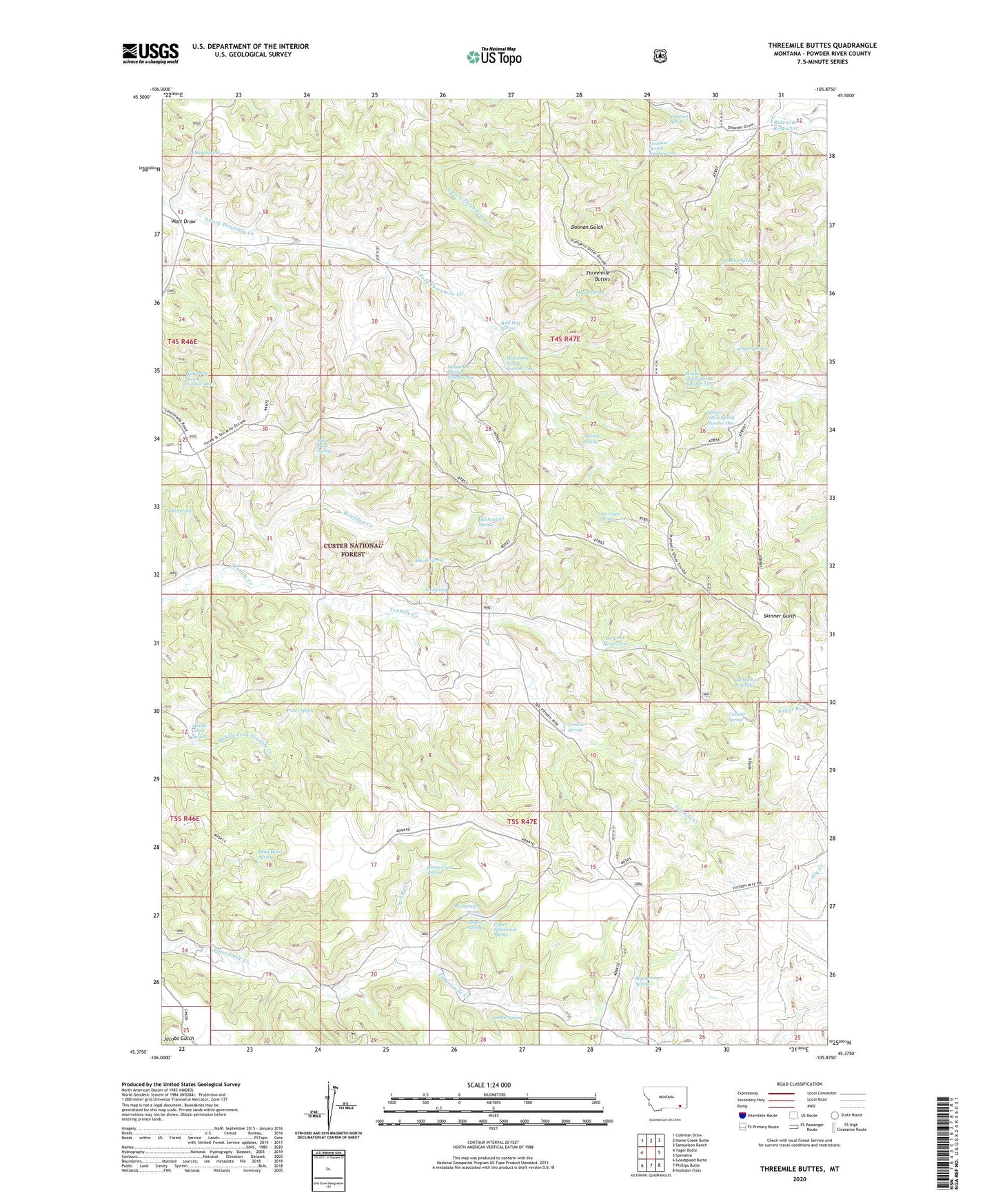 Threemile Buttes Montana US Topo Map Image
