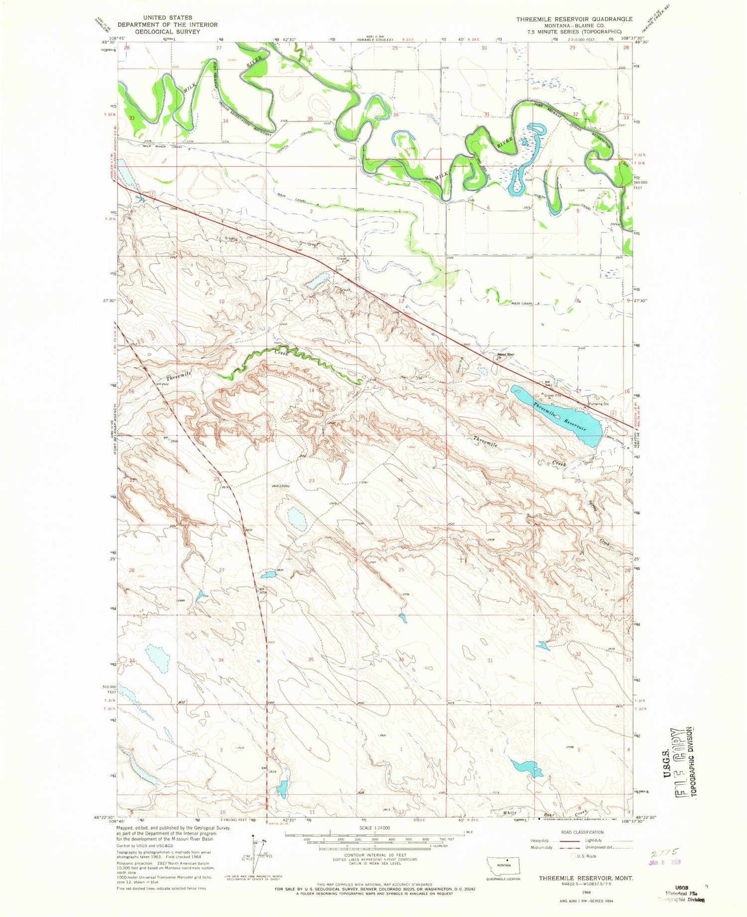 Classic USGS Threemile Reservoir Montana 7.5'x7.5' Topo Map Image