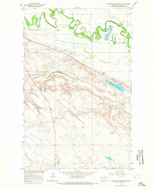Classic USGS Threemile Reservoir Montana 7.5'x7.5' Topo Map Image