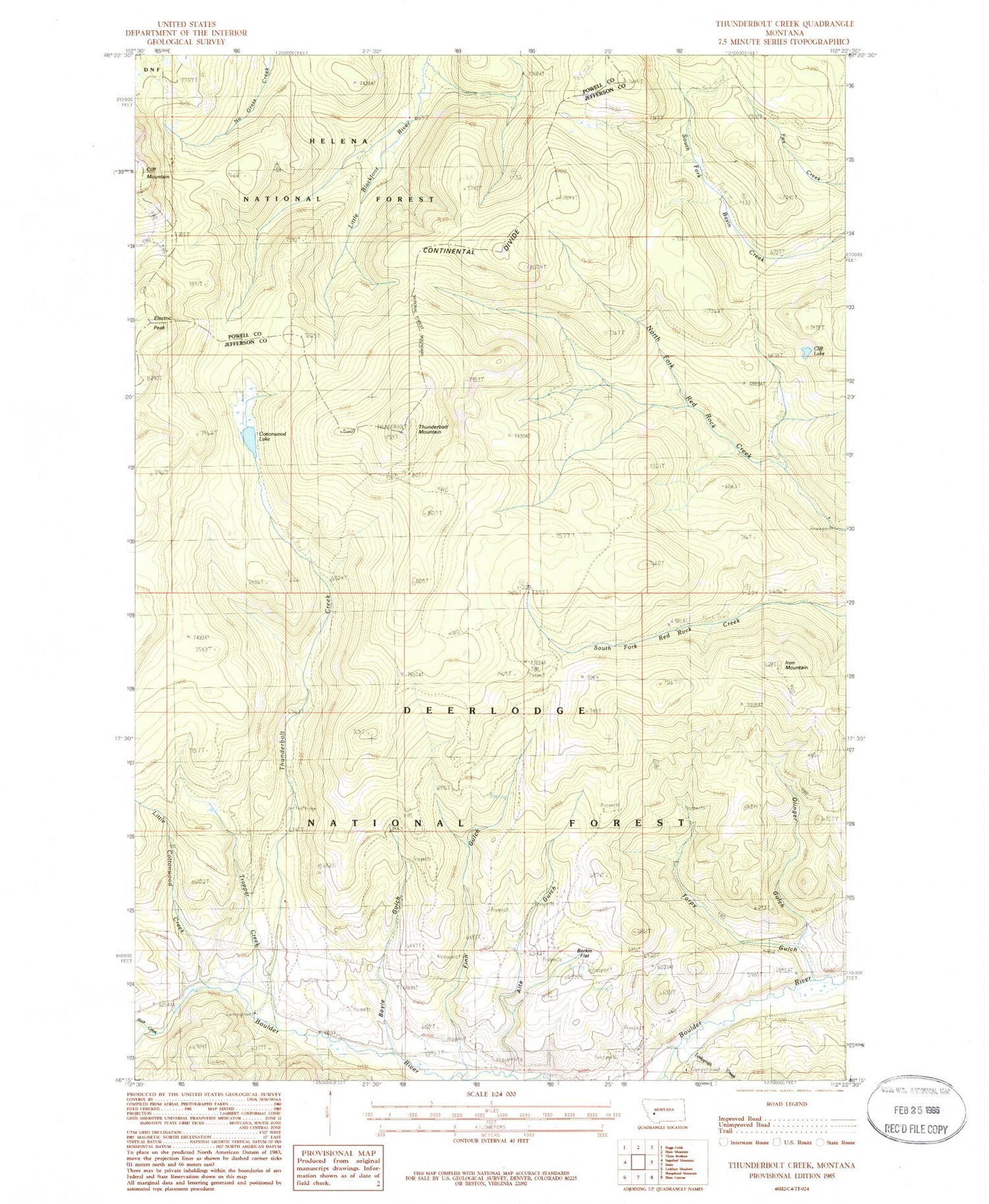 Classic USGS Thunderbolt Creek Montana 7.5'x7.5' Topo Map Image