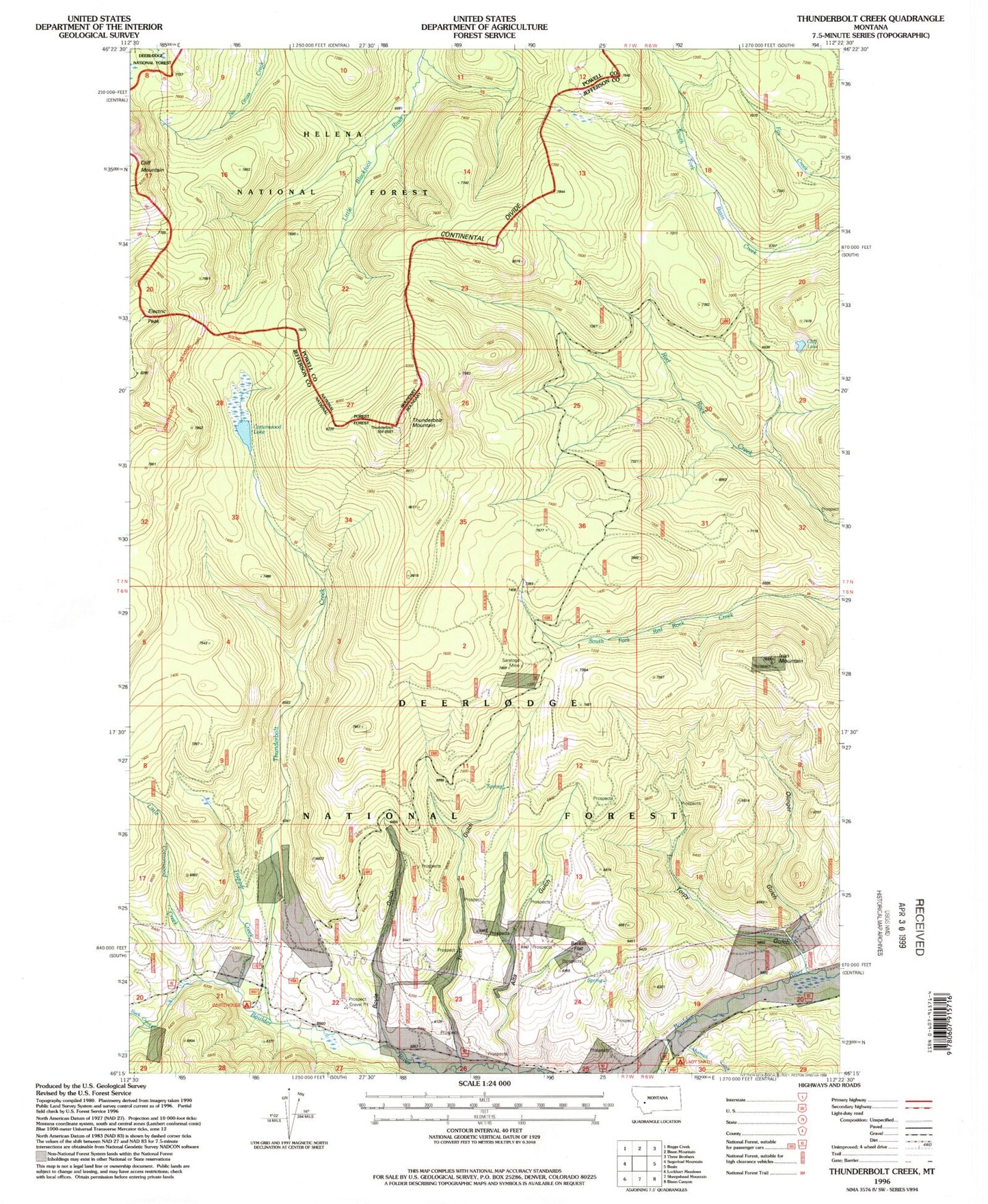 Classic USGS Thunderbolt Creek Montana 7.5'x7.5' Topo Map Image