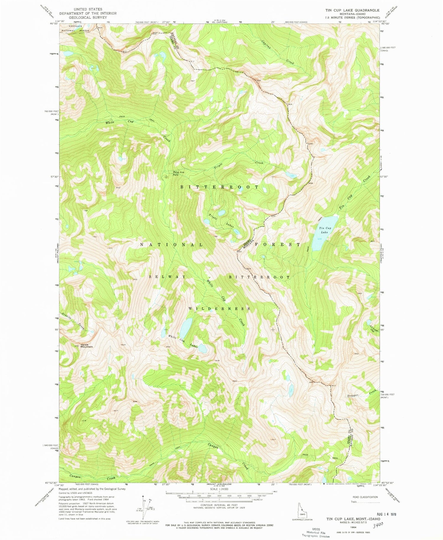 Classic USGS Tin Cup Lake Montana 7.5'x7.5' Topo Map Image