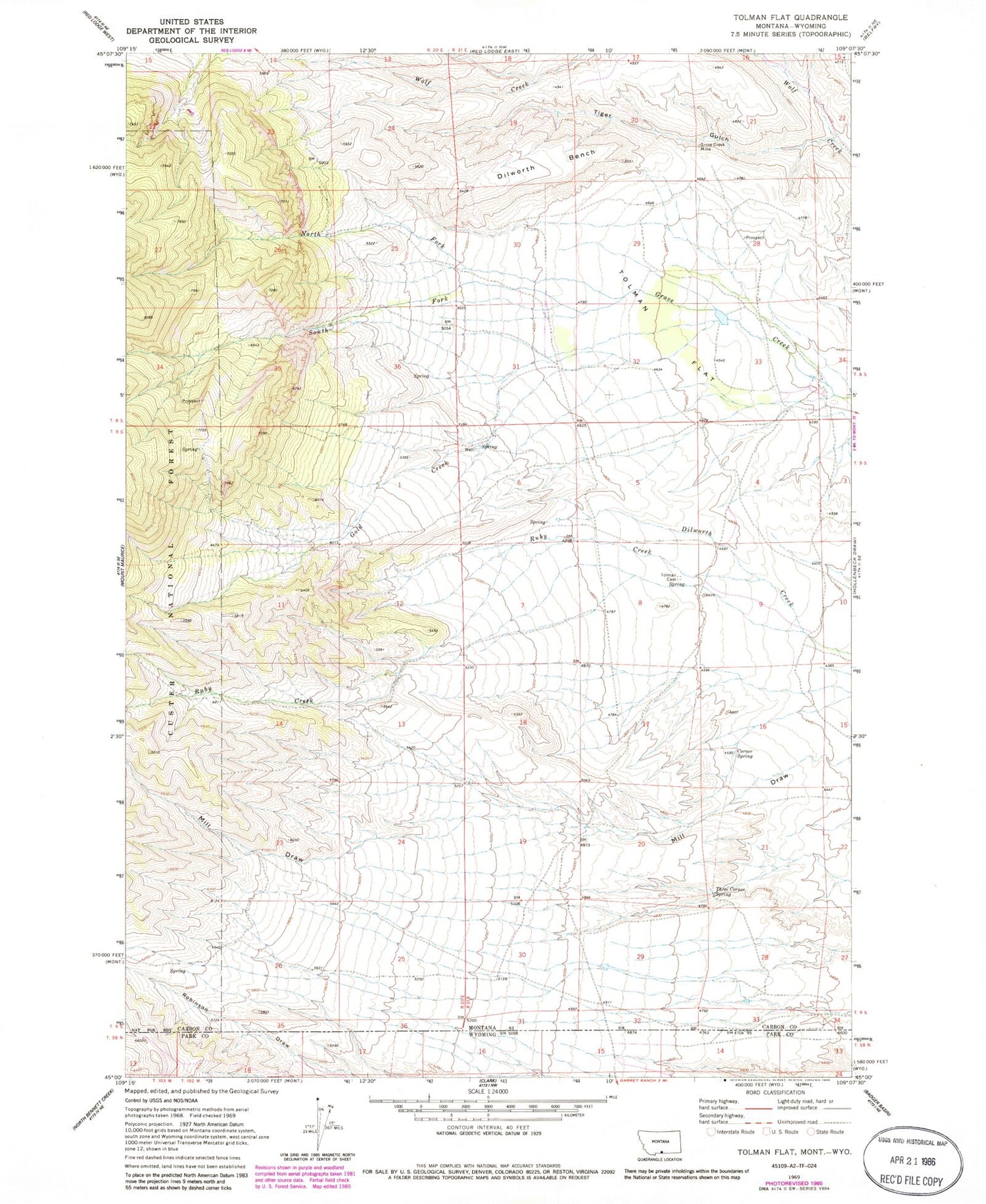 Classic USGS Tolman Flat Montana 7.5'x7.5' Topo Map Image