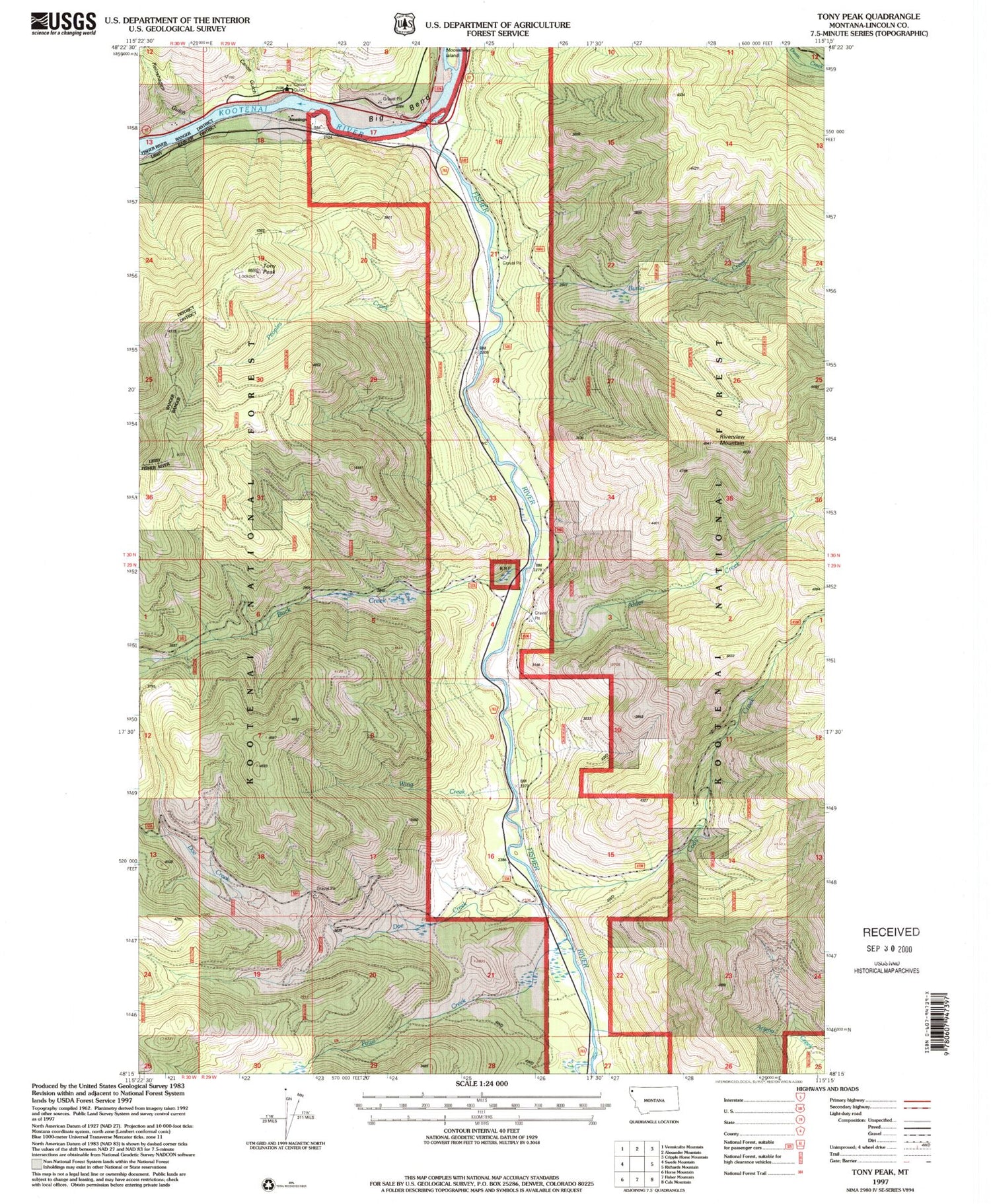 Classic USGS Tony Peak Montana 7.5'x7.5' Topo Map Image