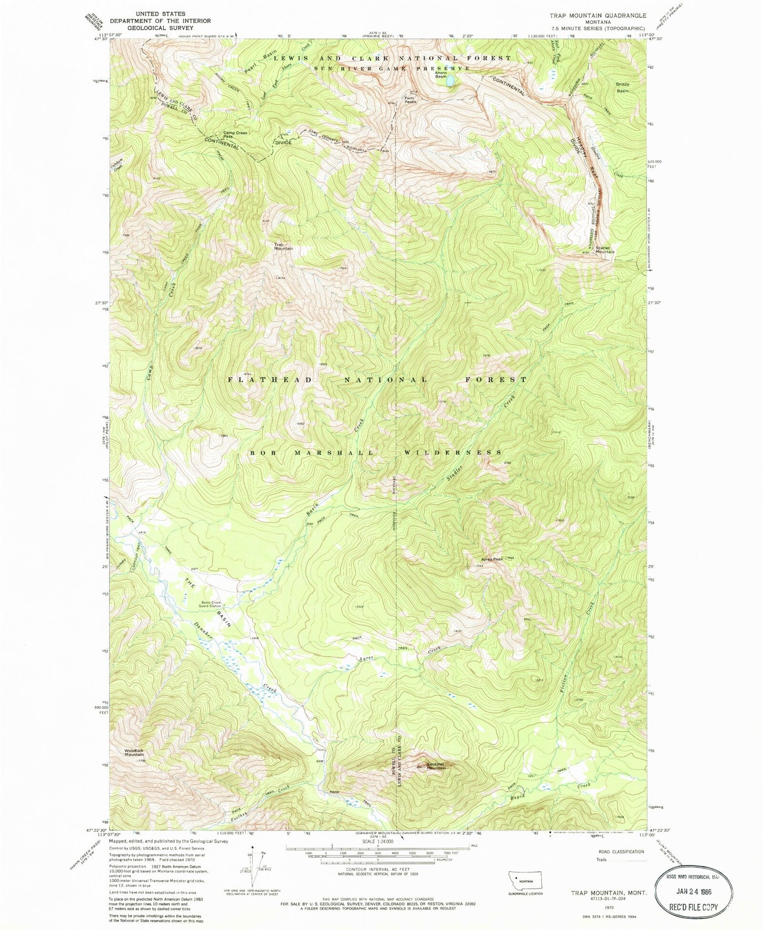 Classic USGS Trap Mountain Montana 7.5'x7.5' Topo Map Image